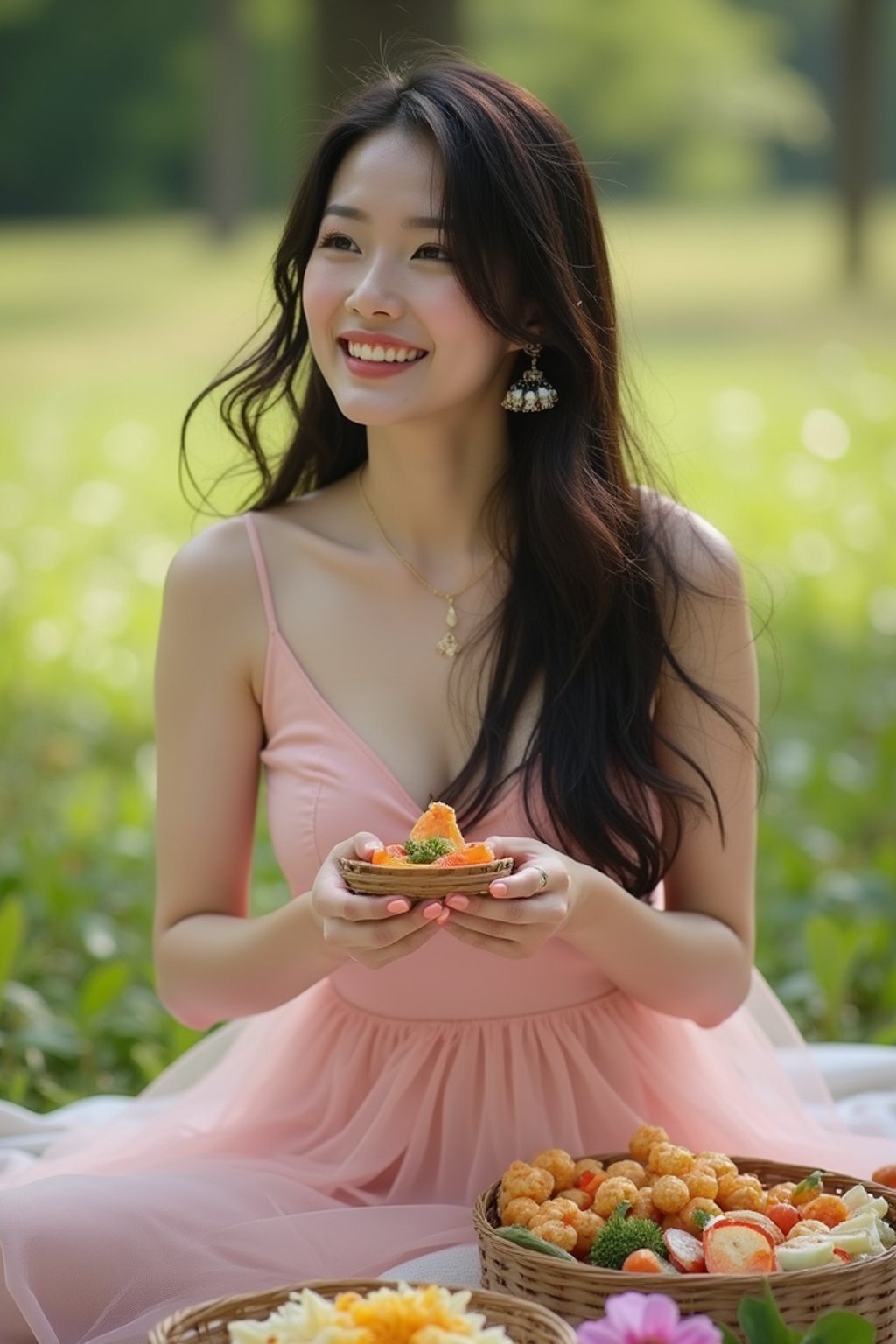 feminine woman having a fun outdoor picnic