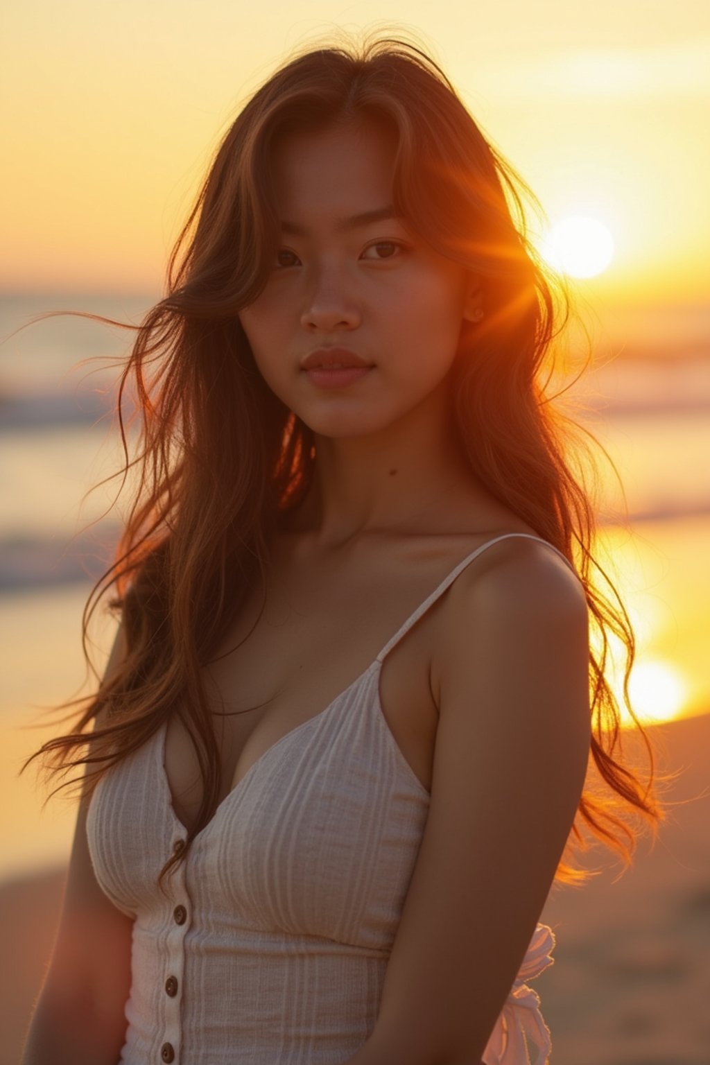 feminine woman enjoying a sunset at a beach or park