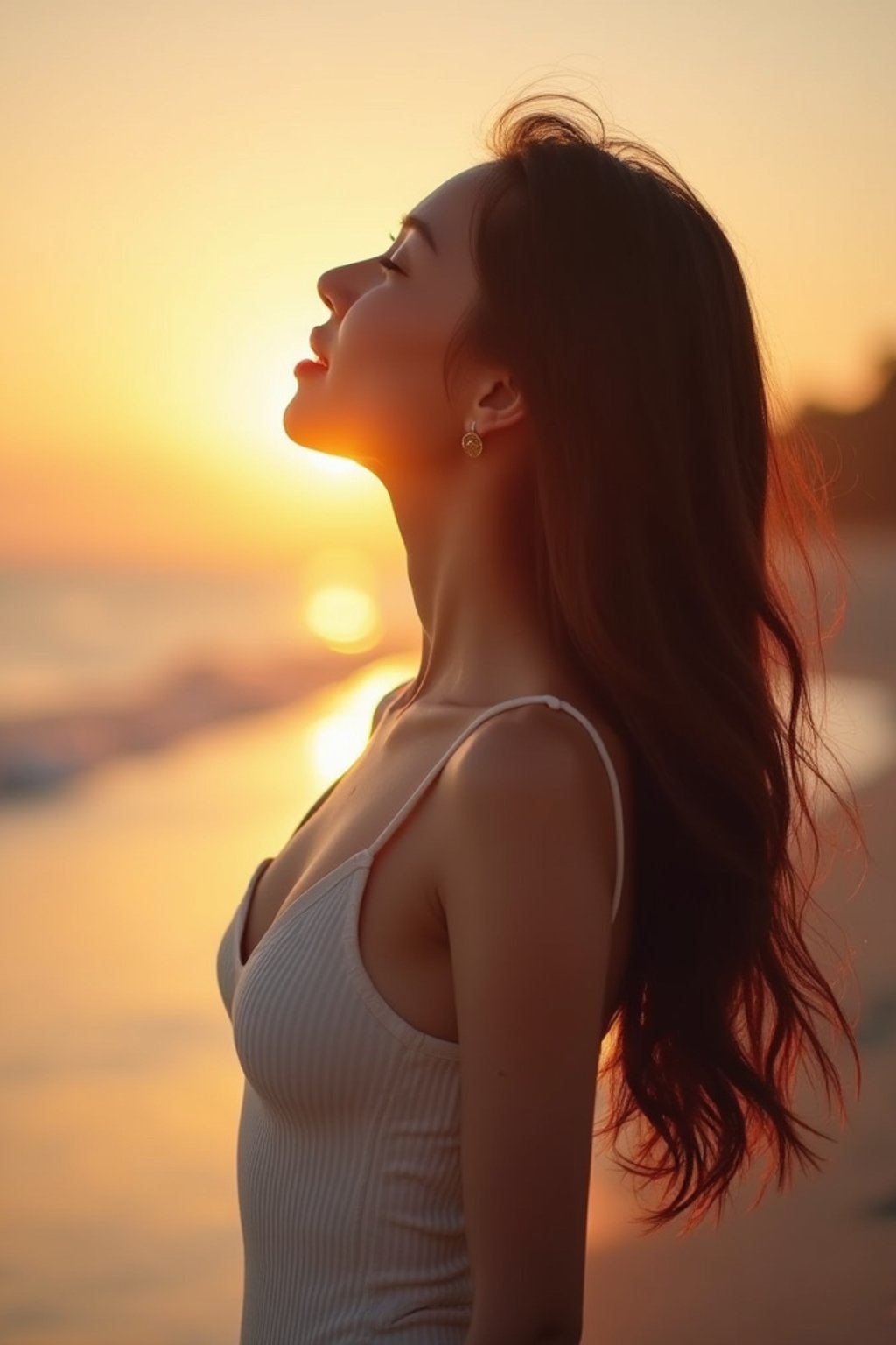 feminine woman enjoying a sunset at a beach or park