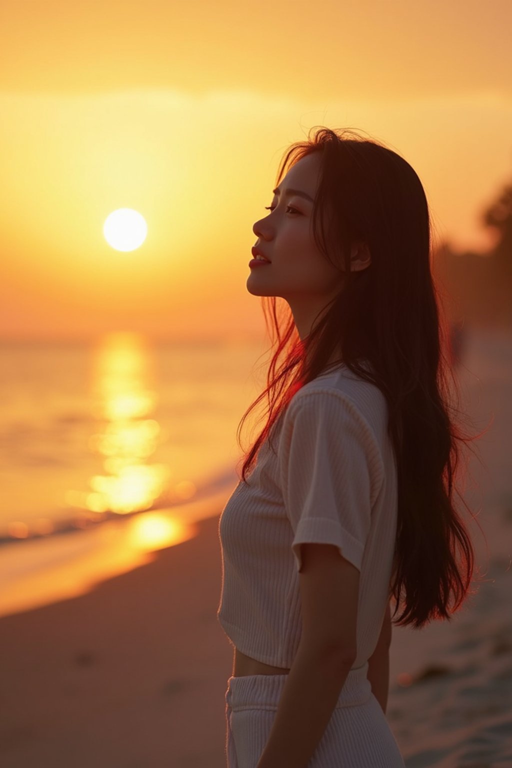 feminine woman enjoying a sunset at a beach or park