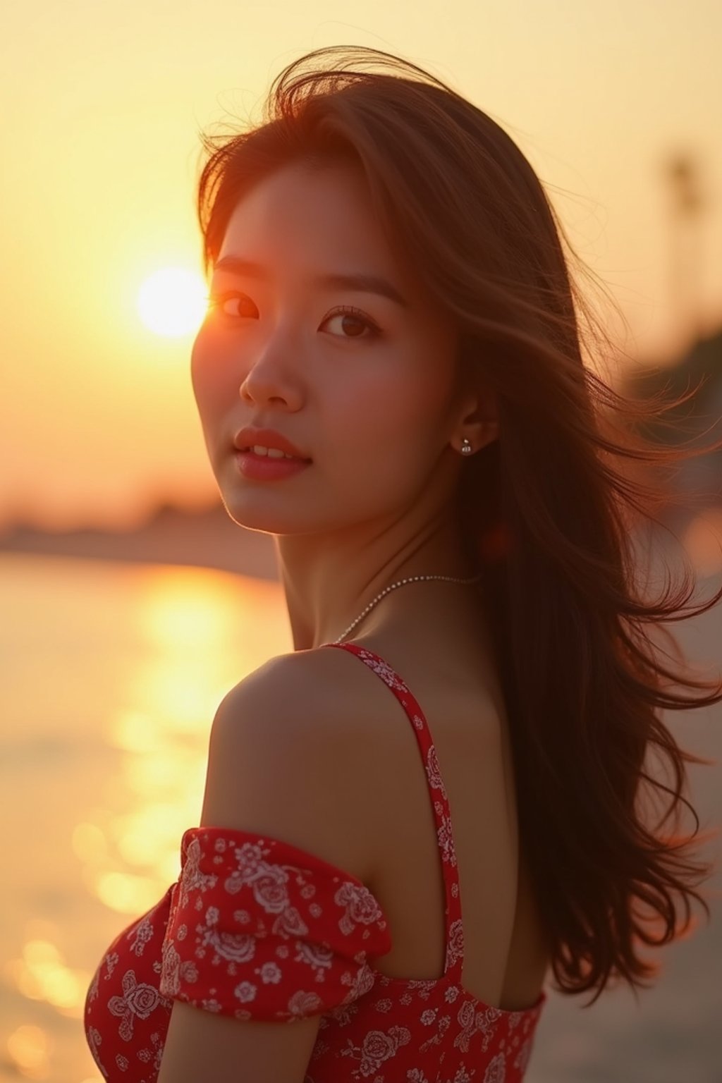 feminine woman enjoying a sunset at a beach or park