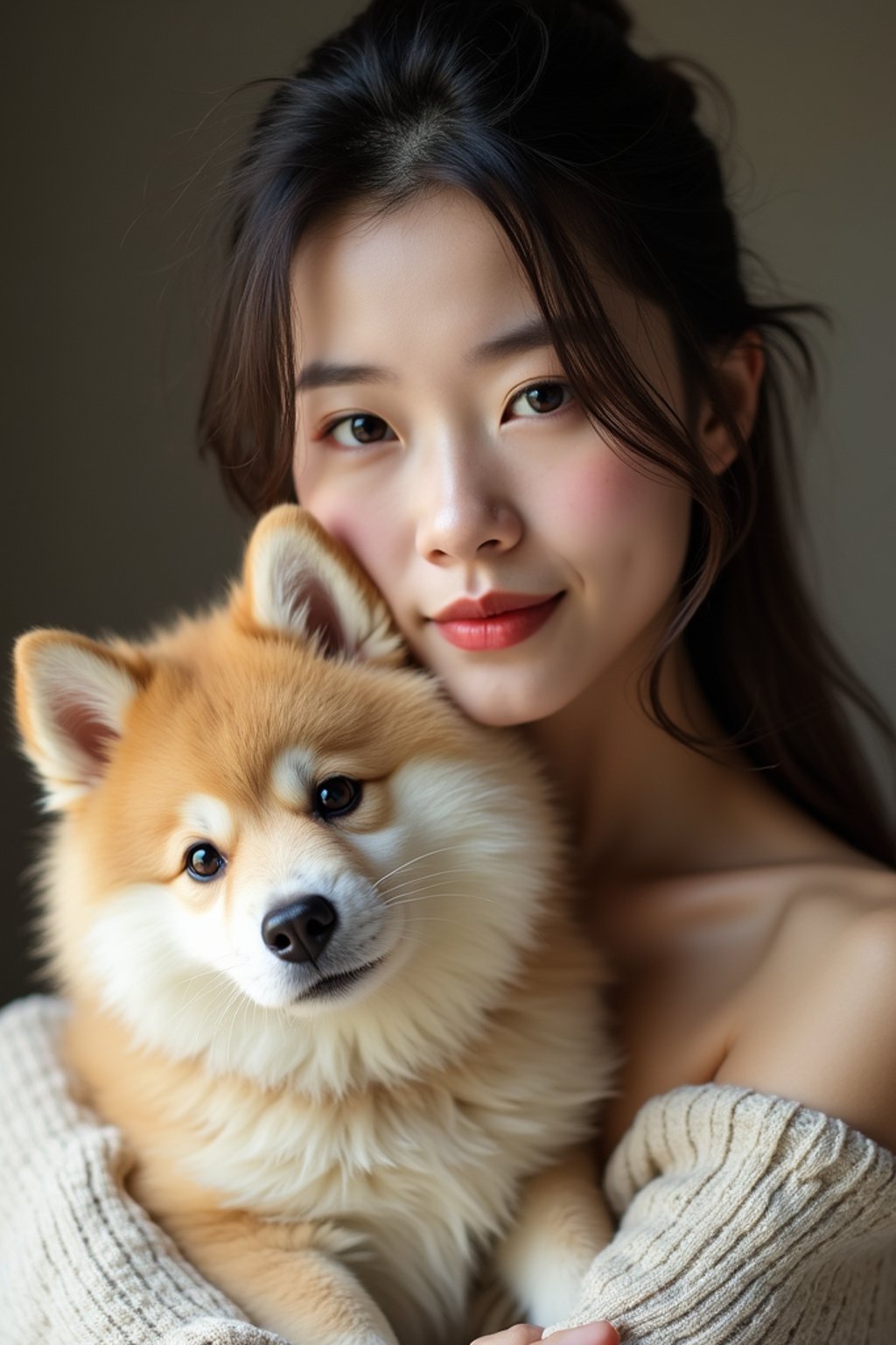 feminine woman posing with a cute pet