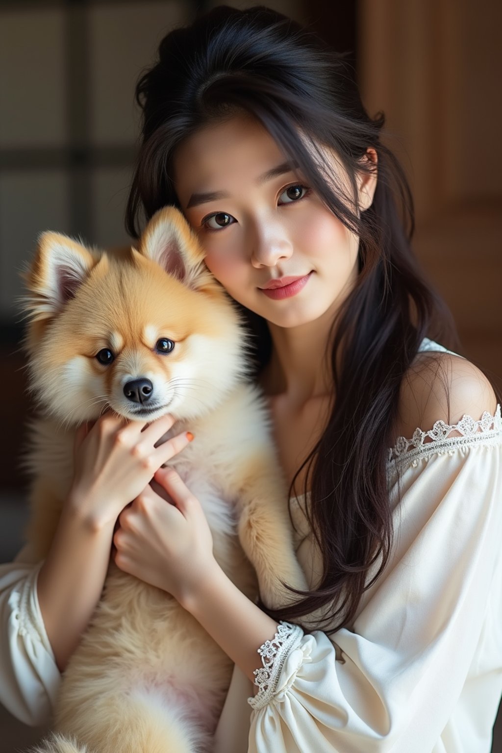 feminine woman posing with a cute pet