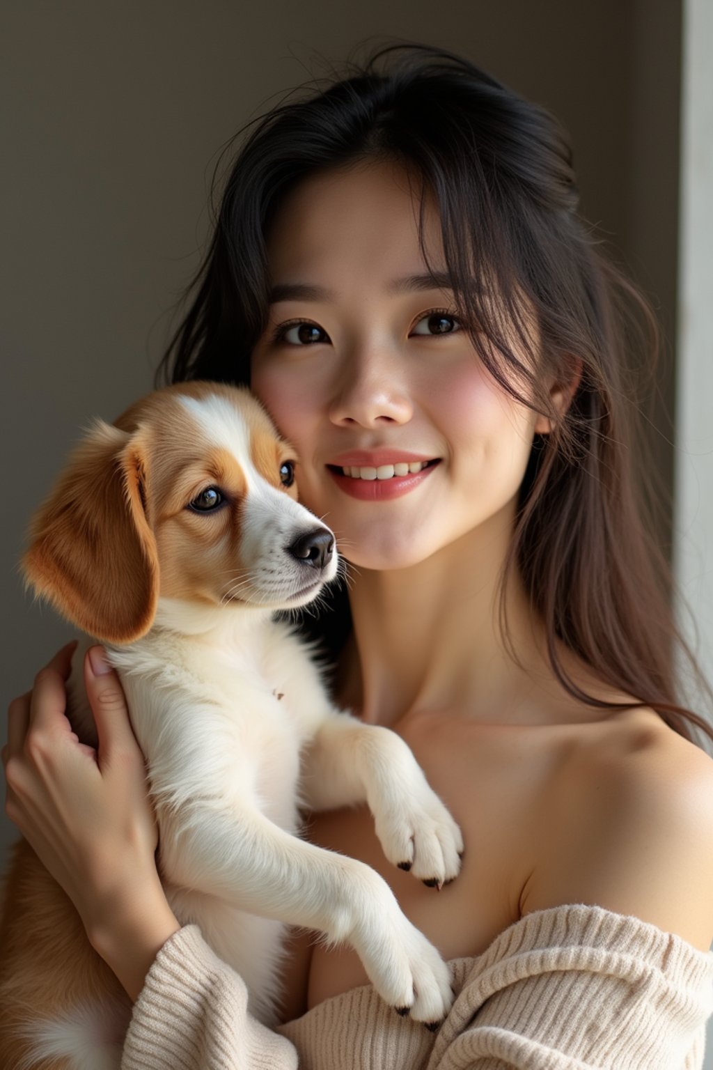 feminine woman posing with a cute pet