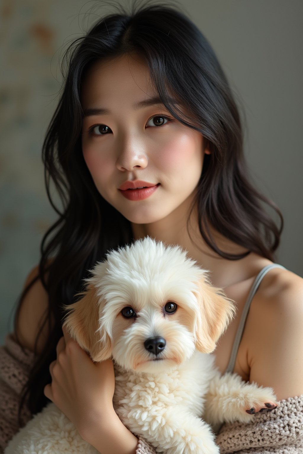 feminine woman posing with a cute pet