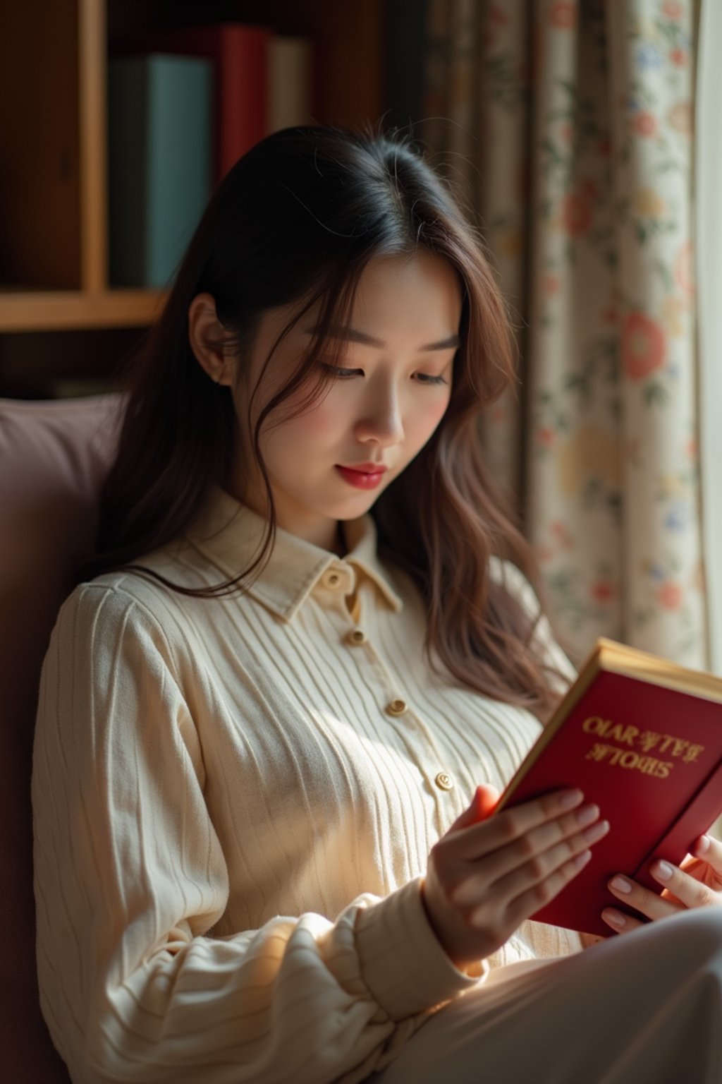 feminine woman reading a book in a cozy home environment