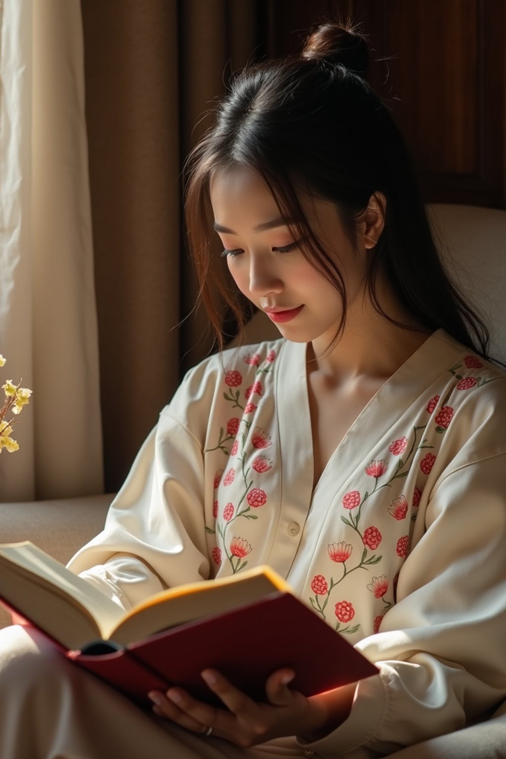 feminine woman reading a book in a cozy home environment