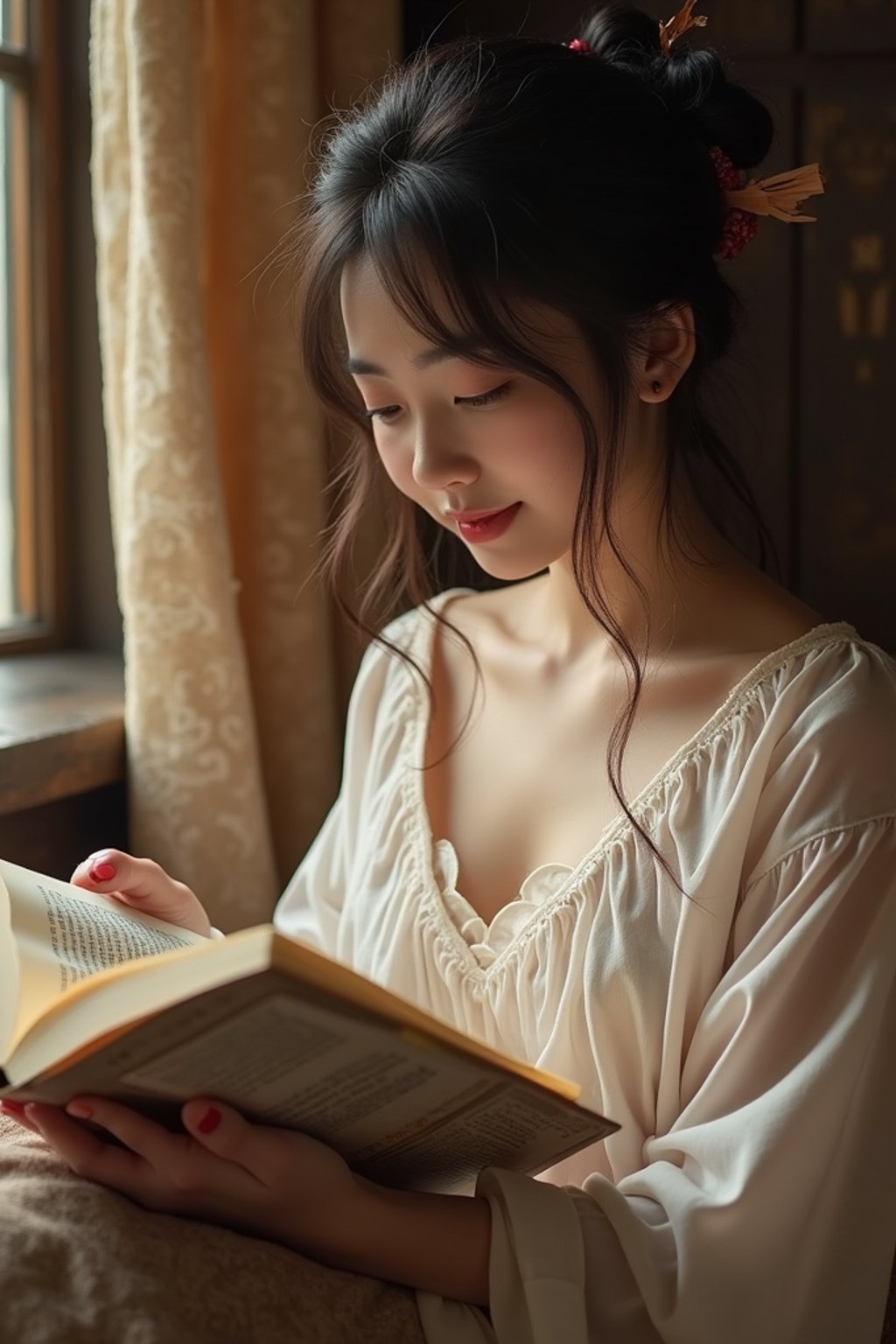 feminine woman reading a book in a cozy home environment