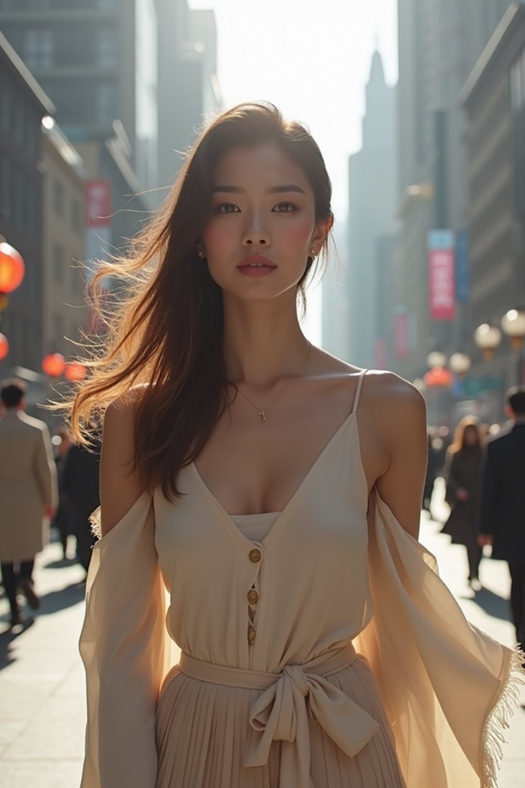 feminine woman taking a casual stroll through a cityscape