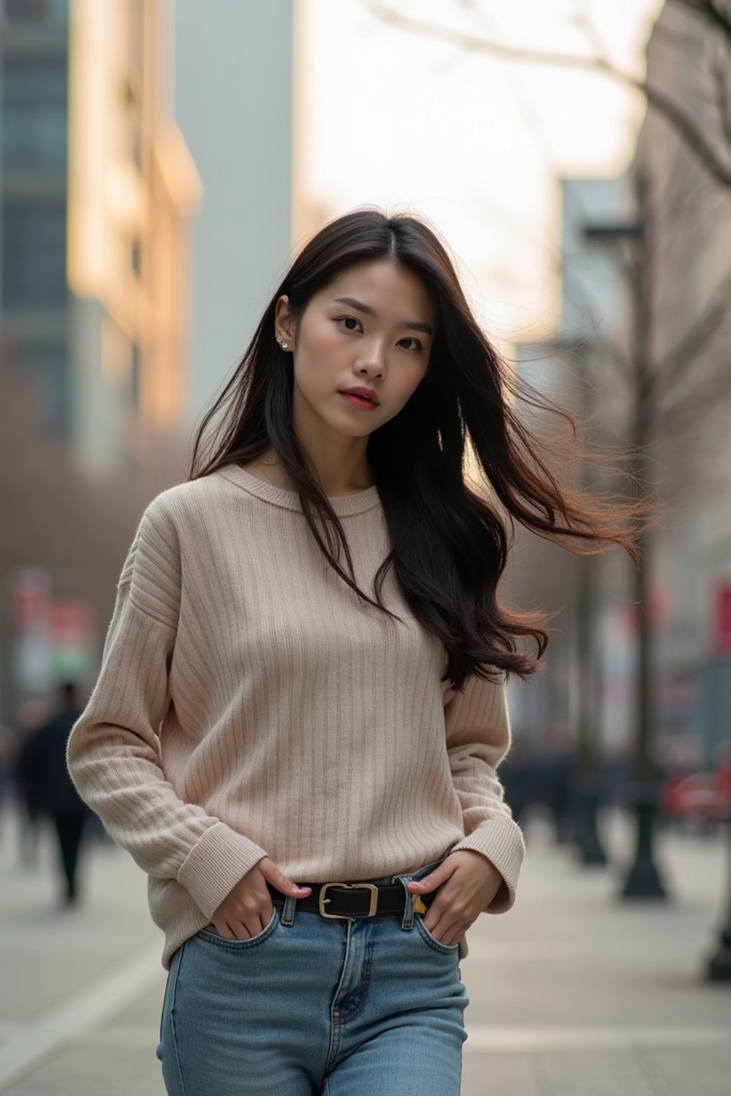 feminine woman taking a casual stroll through a cityscape