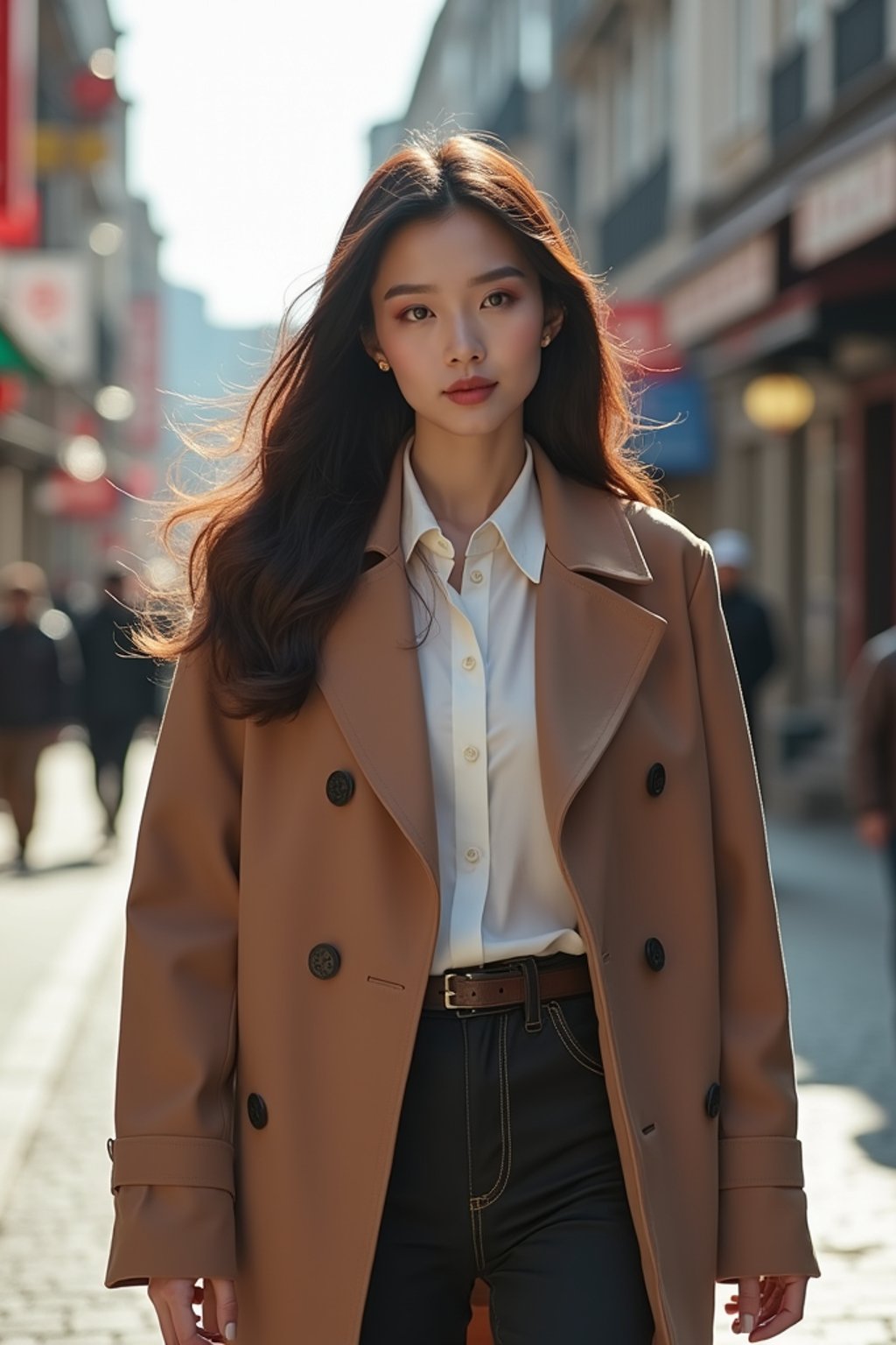 feminine woman taking a casual stroll through a cityscape