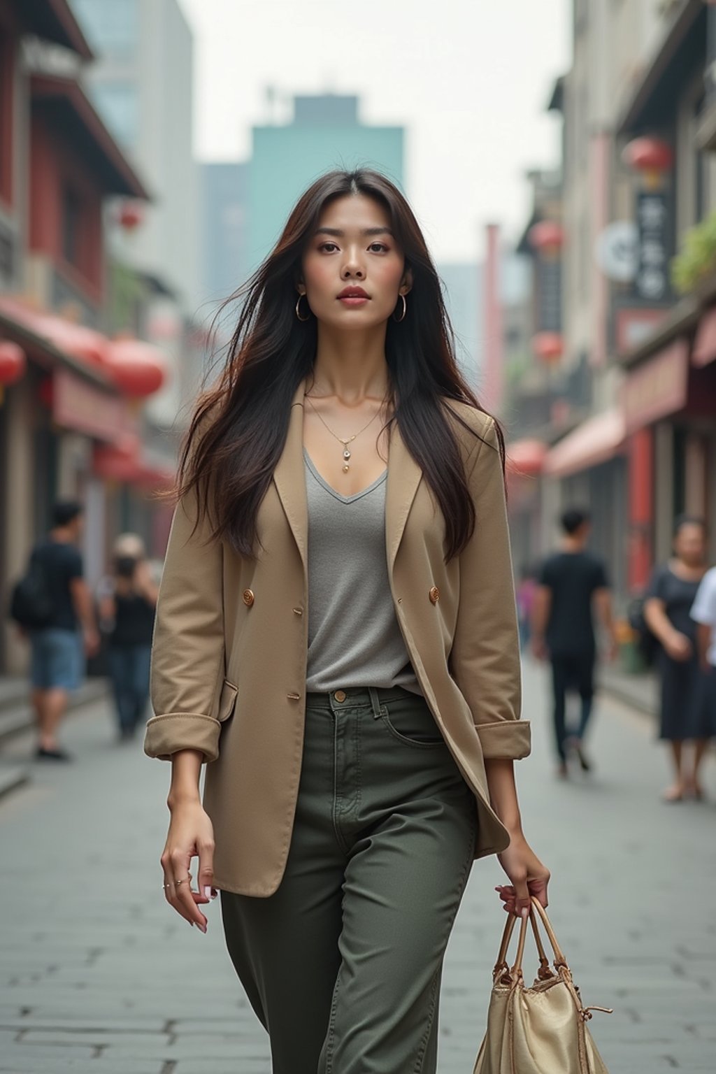 feminine woman taking a casual stroll through a cityscape