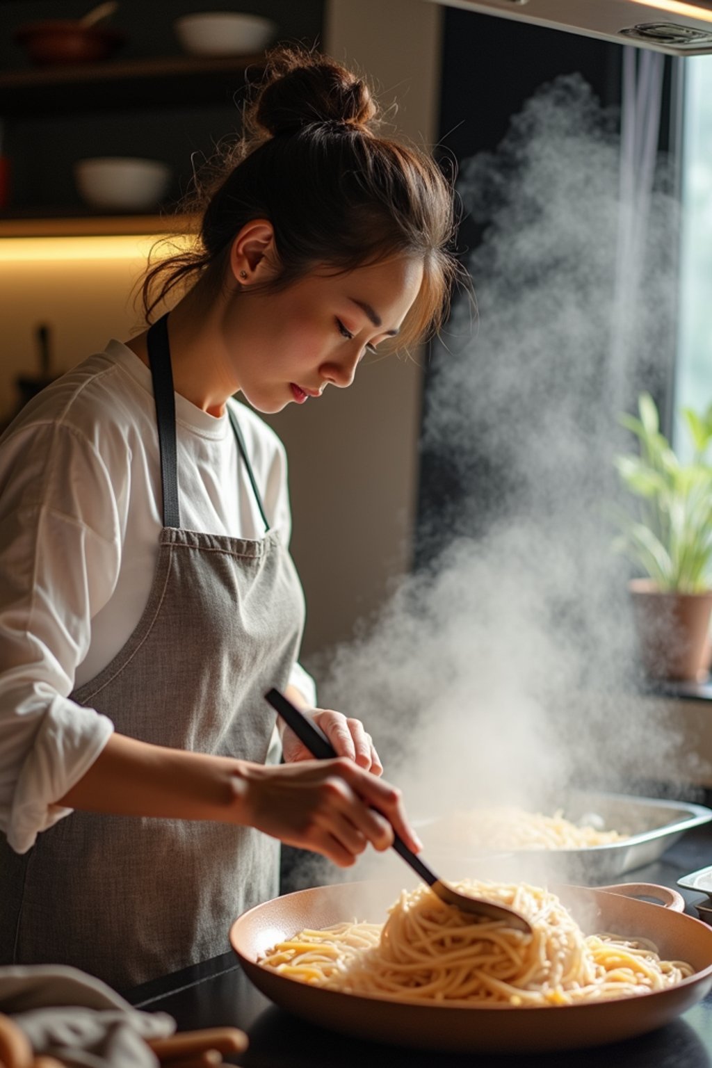 feminine woman cooking or baking in a modern kitchen