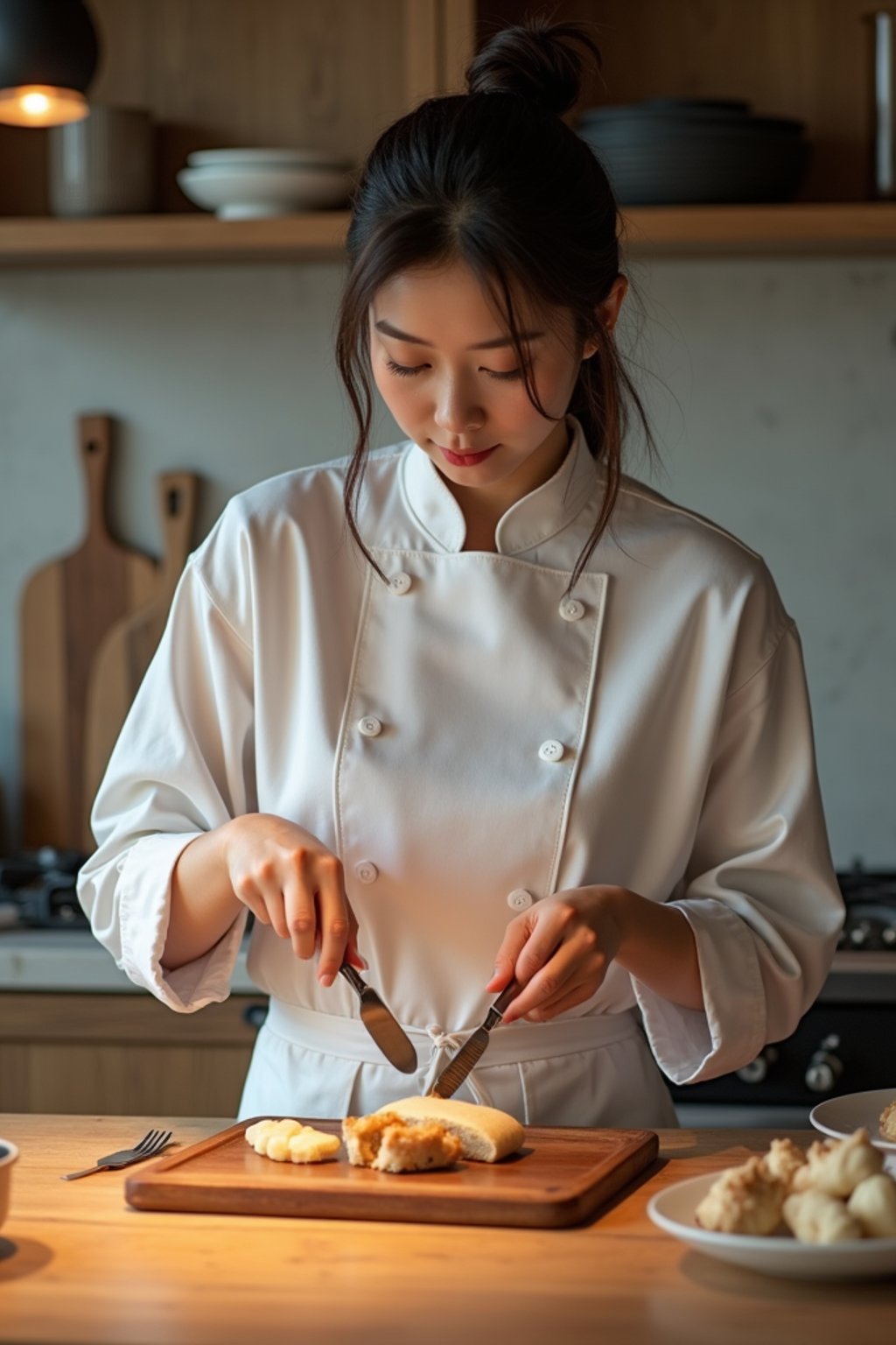 feminine woman cooking or baking in a modern kitchen