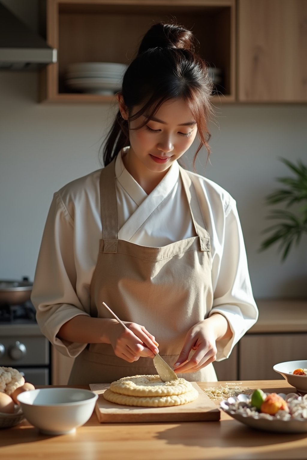 feminine woman cooking or baking in a modern kitchen