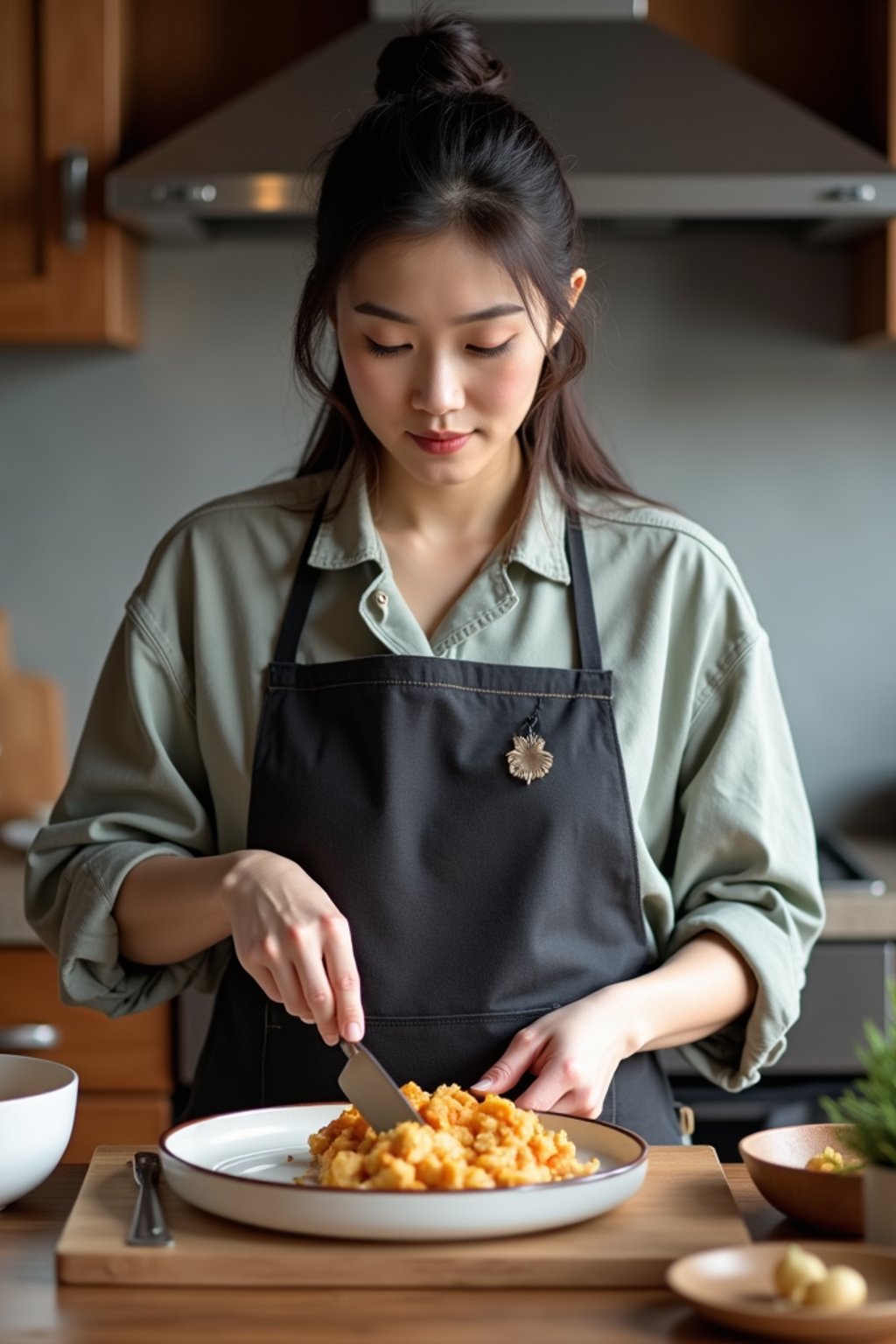 feminine woman cooking or baking in a modern kitchen