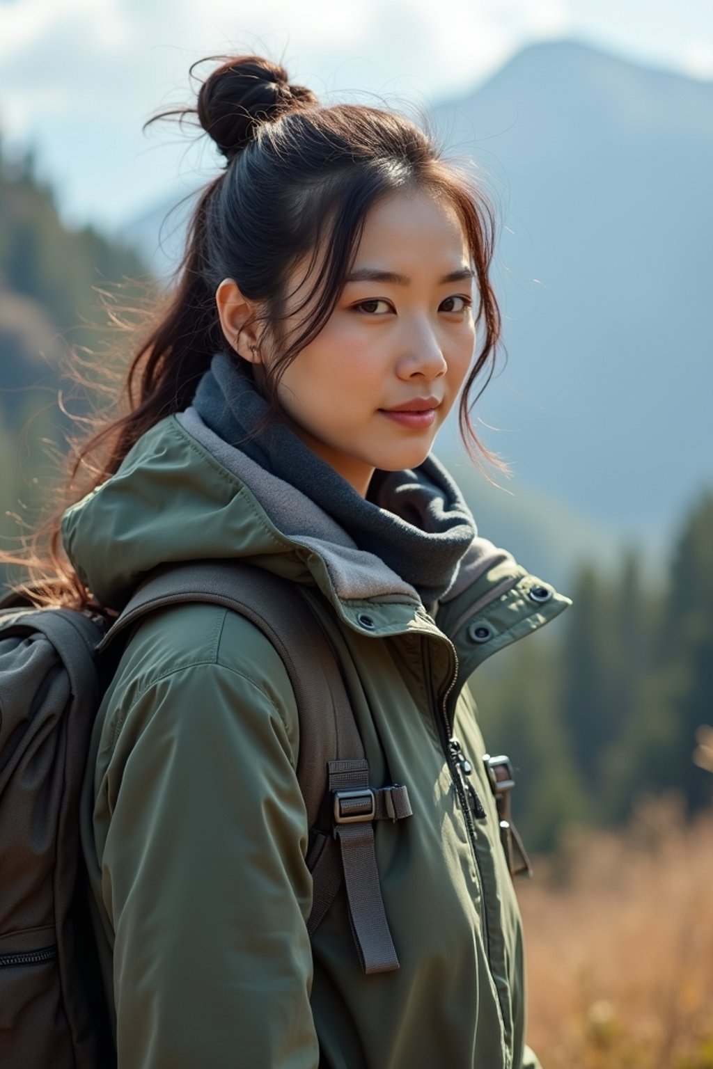 feminine woman in going hiking outdoors in mountains