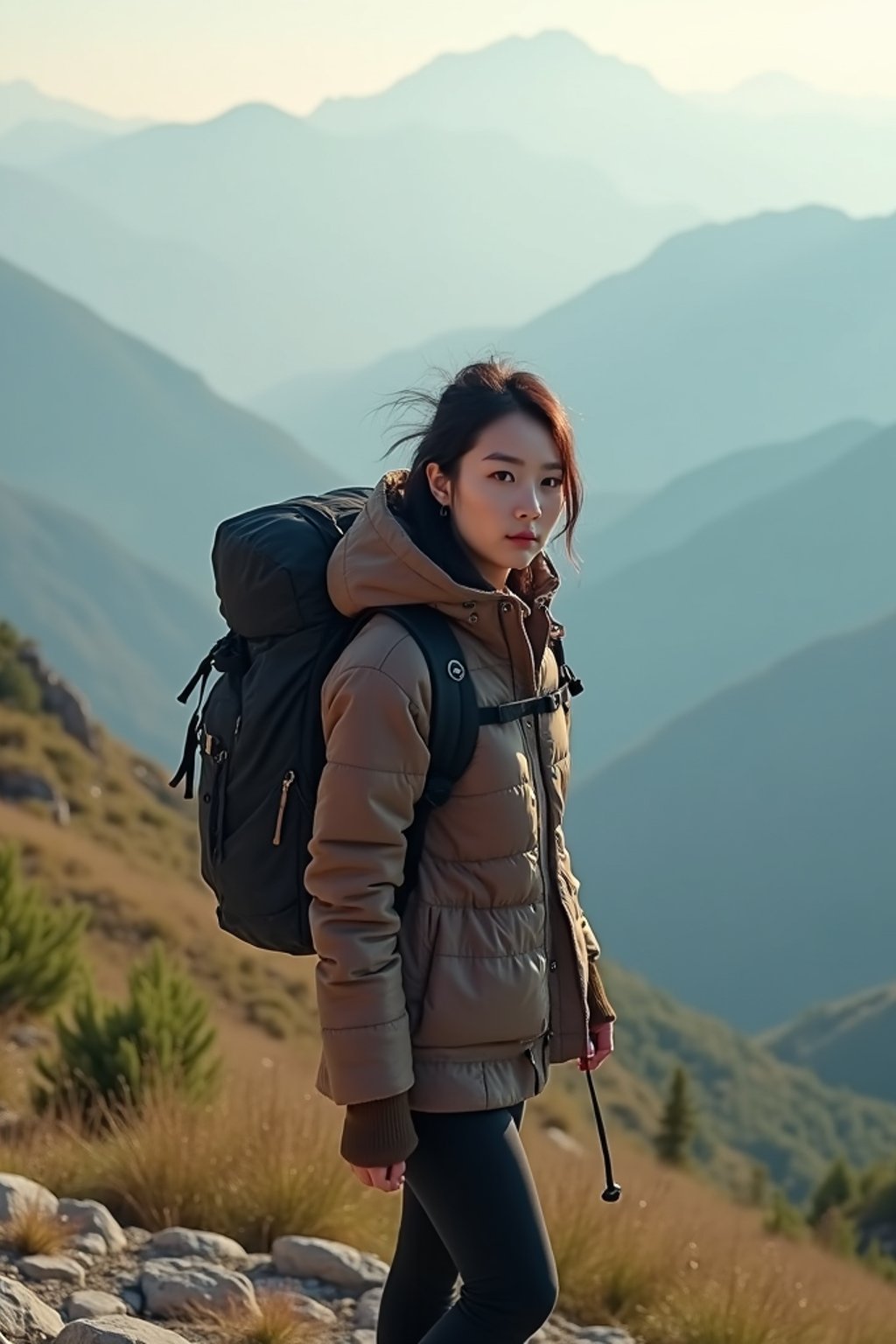 feminine woman in going hiking outdoors in mountains