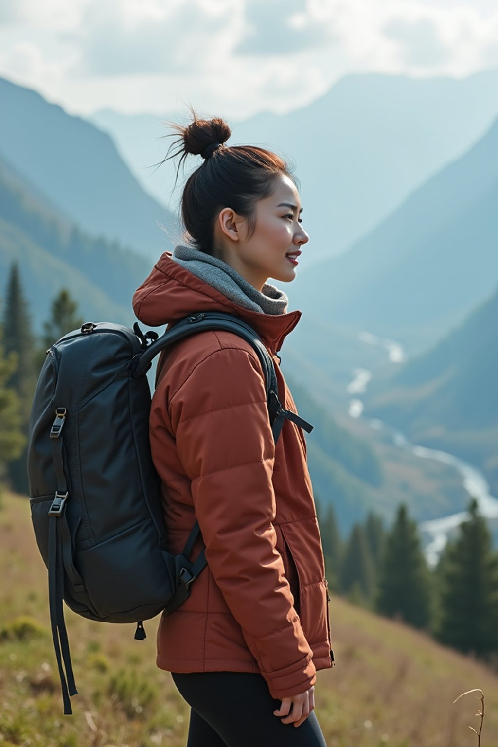 feminine woman in going hiking outdoors in mountains