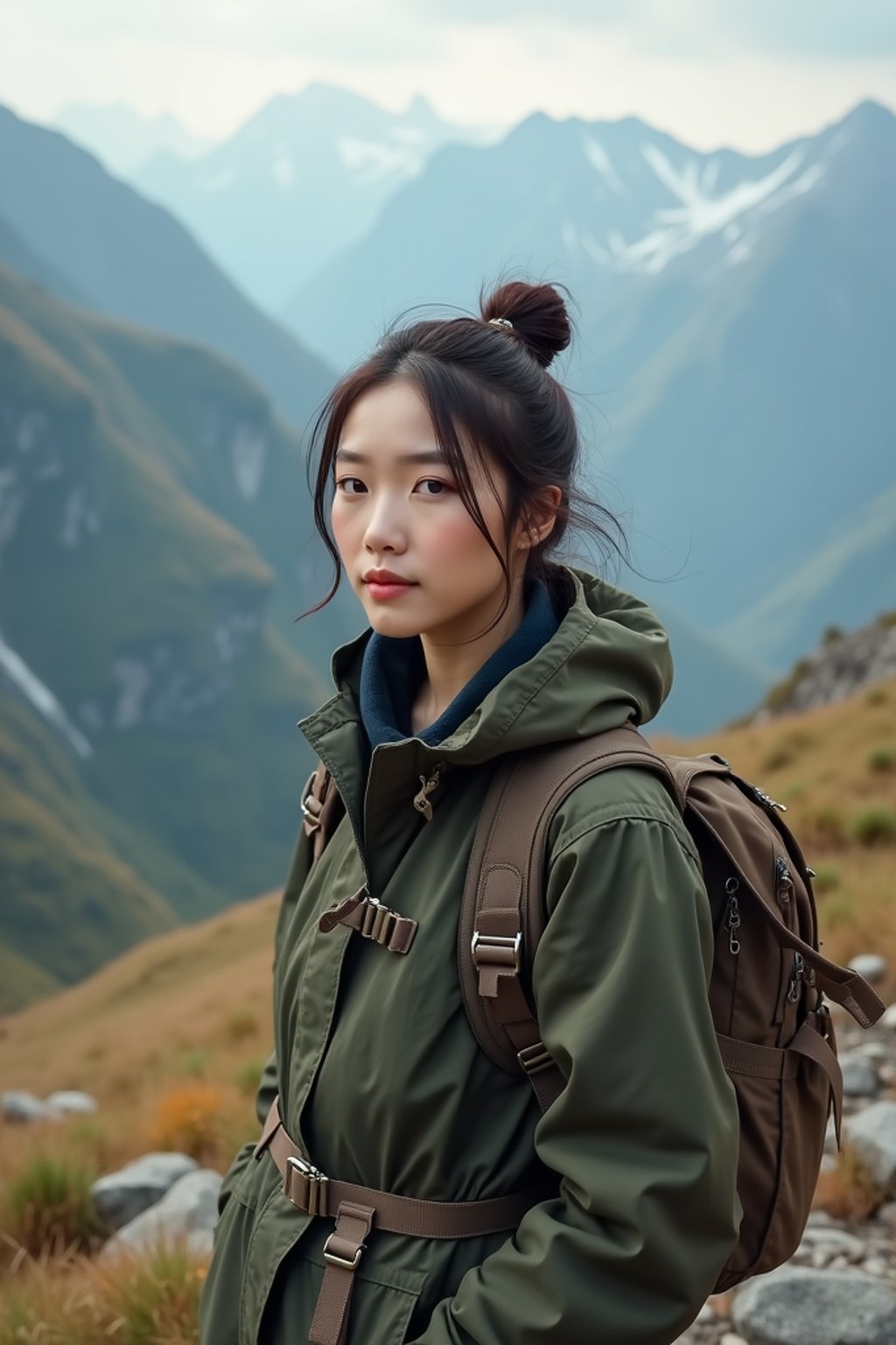 feminine woman in going hiking outdoors in mountains