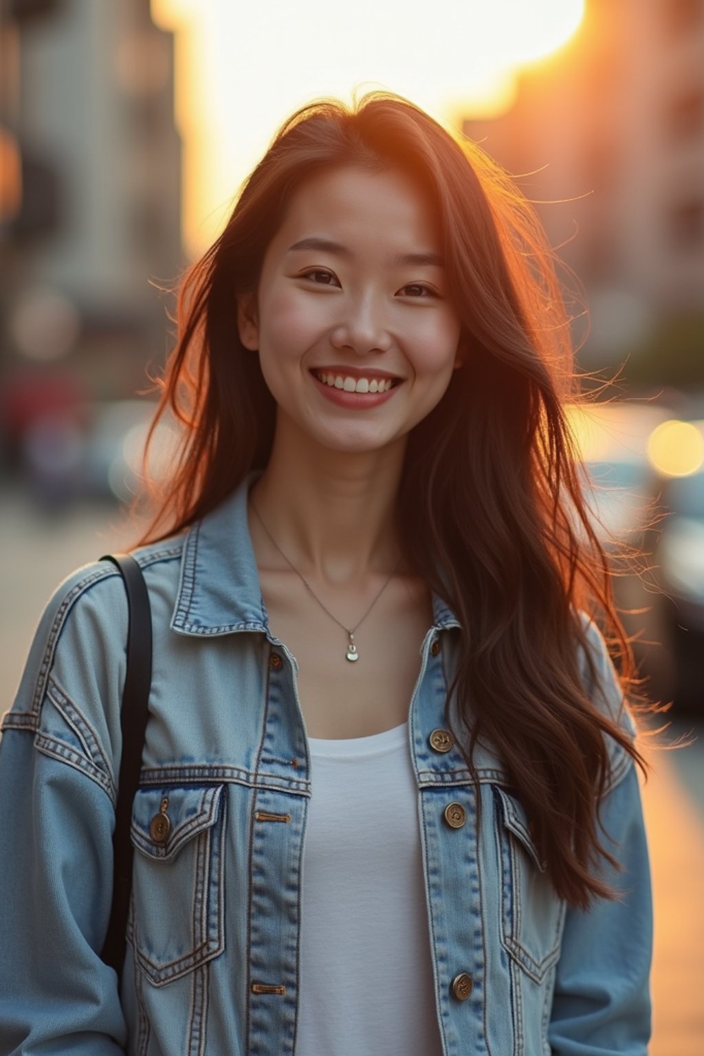 headshot of smiling woman wearing casual clothes posing for dating app headshot. outdoor blurry background. the lighting is warm, possibly from a setting sun, creating a soft glow around him, enhancing the casual and relaxed vibe of the image. the setting seems to be outdoors, likely in an urban environment, with the blurred background hinting at a street or park-like area. this image likely portrays a youthful, active, and approachable individual, possibly in a lifestyle or fashion-related context.