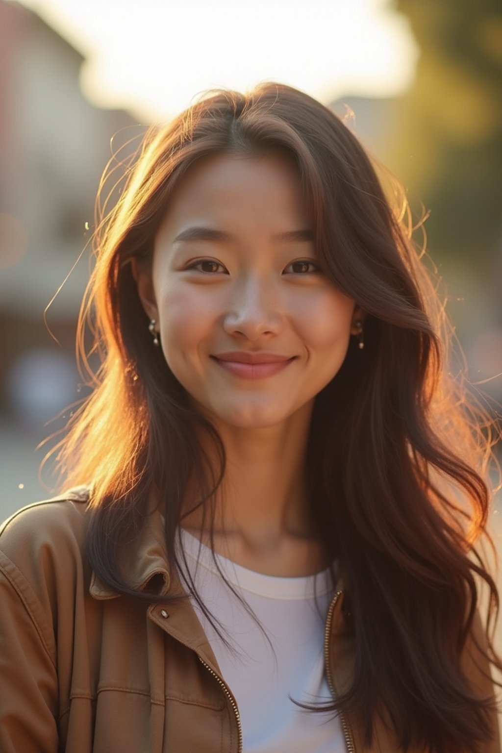 headshot of smiling woman wearing casual clothes posing for dating app headshot. outdoor blurry background. the lighting is warm, possibly from a setting sun, creating a soft glow around him, enhancing the casual and relaxed vibe of the image. the setting seems to be outdoors, likely in an urban environment, with the blurred background hinting at a street or park-like area. this image likely portrays a youthful, active, and approachable individual, possibly in a lifestyle or fashion-related context.