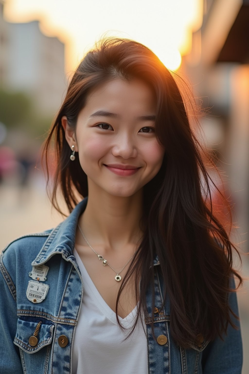 headshot of smiling woman wearing casual clothes posing for dating app headshot. outdoor blurry background. the lighting is warm, possibly from a setting sun, creating a soft glow around him, enhancing the casual and relaxed vibe of the image. the setting seems to be outdoors, likely in an urban environment, with the blurred background hinting at a street or park-like area. this image likely portrays a youthful, active, and approachable individual, possibly in a lifestyle or fashion-related context.