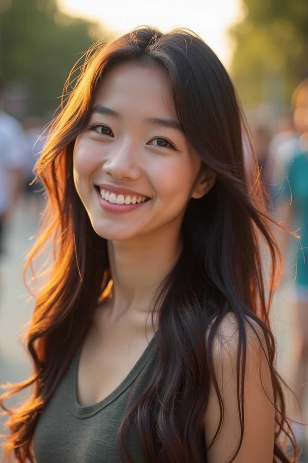 headshot of smiling woman wearing casual clothes posing for dating app headshot. outdoor blurry background. the lighting is warm, possibly from a setting sun, creating a soft glow around him, enhancing the casual and relaxed vibe of the image. the setting seems to be outdoors, likely in an urban environment, with the blurred background hinting at a street or park-like area. this image likely portrays a youthful, active, and approachable individual, possibly in a lifestyle or fashion-related context.