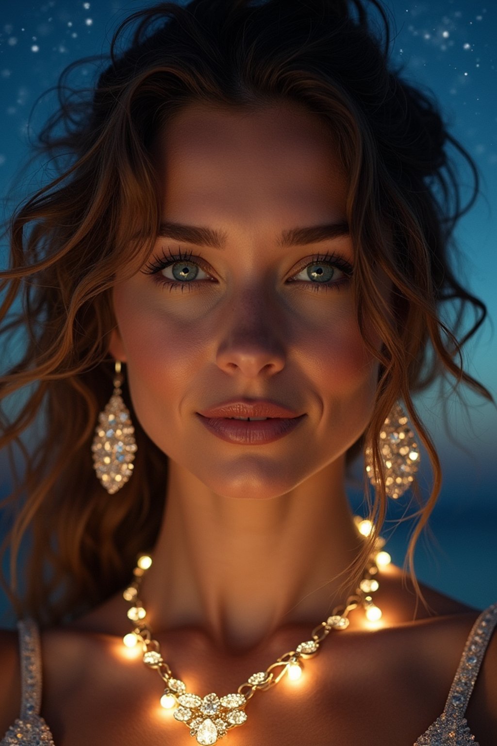 woman with magnetic appeal, adorned in sparkling jewelry , against a starry night backdrop