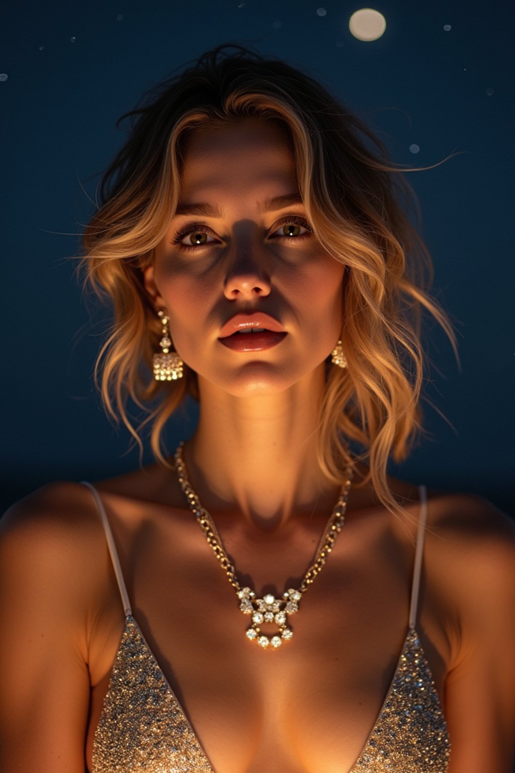 woman with magnetic appeal, adorned in sparkling jewelry , against a starry night backdrop