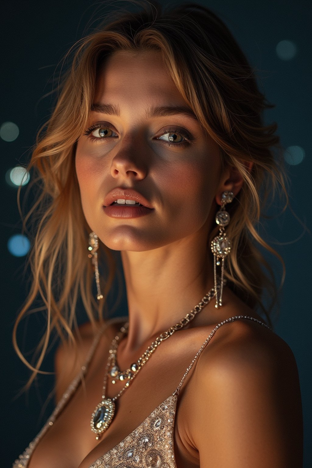 woman with magnetic appeal, adorned in sparkling jewelry , against a starry night backdrop