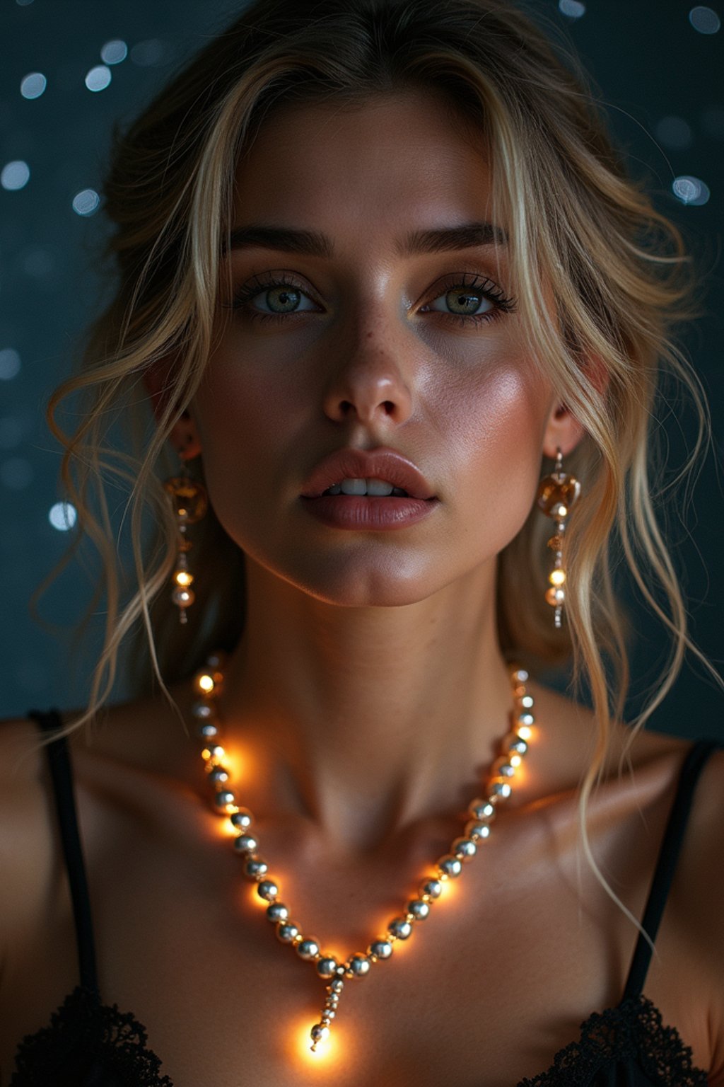 woman with magnetic appeal, adorned in sparkling jewelry , against a starry night backdrop