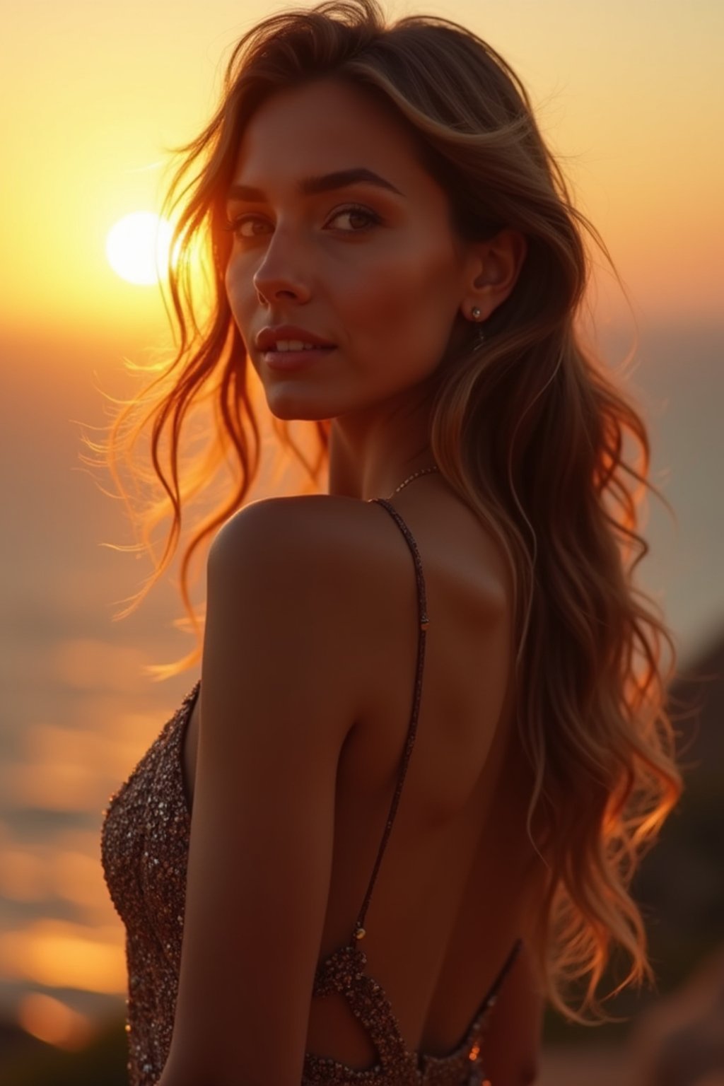 woman in sophisticated evening wear , radiating allure under the soft glow of a sunset