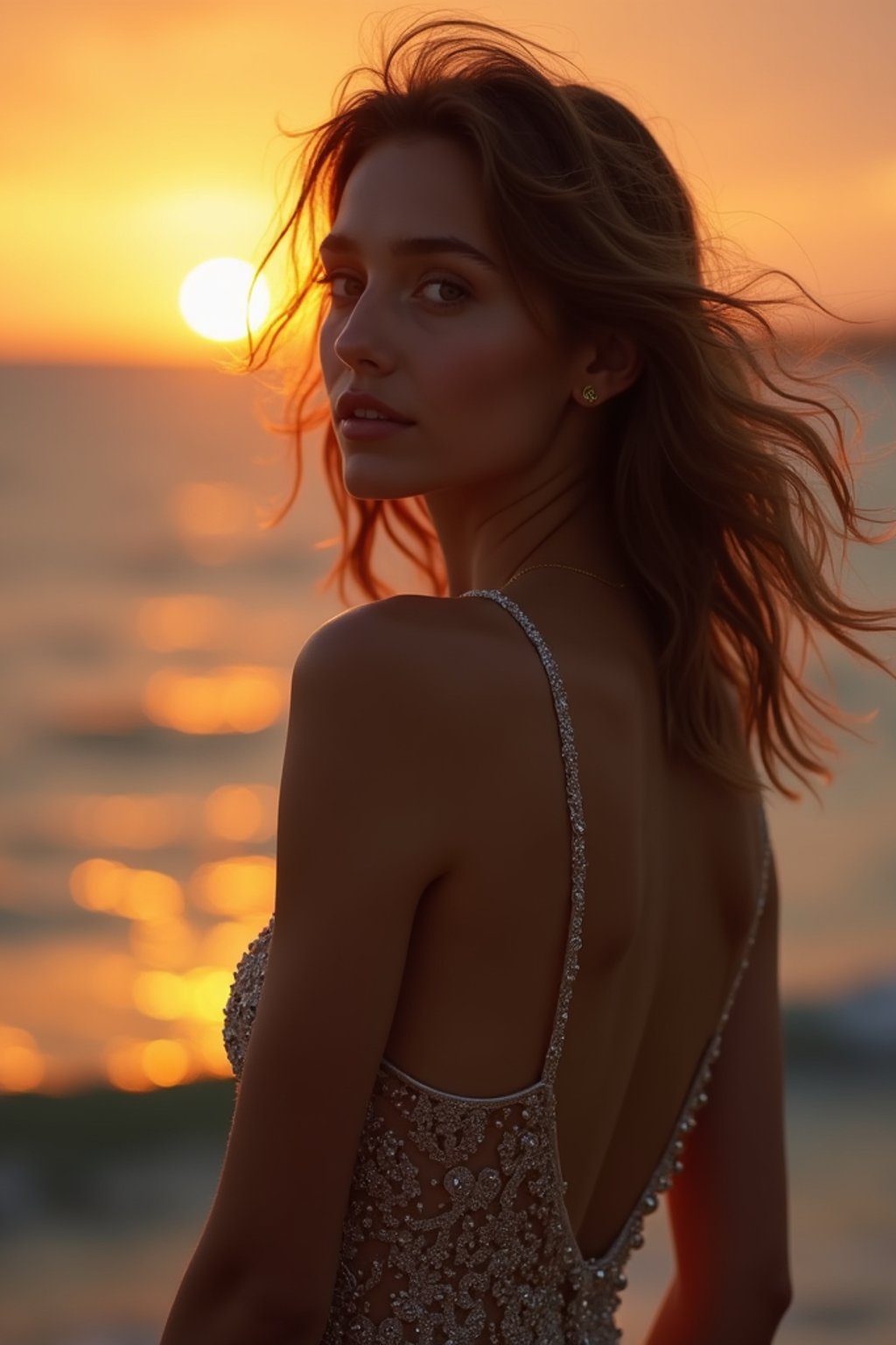 woman in sophisticated evening wear , radiating allure under the soft glow of a sunset