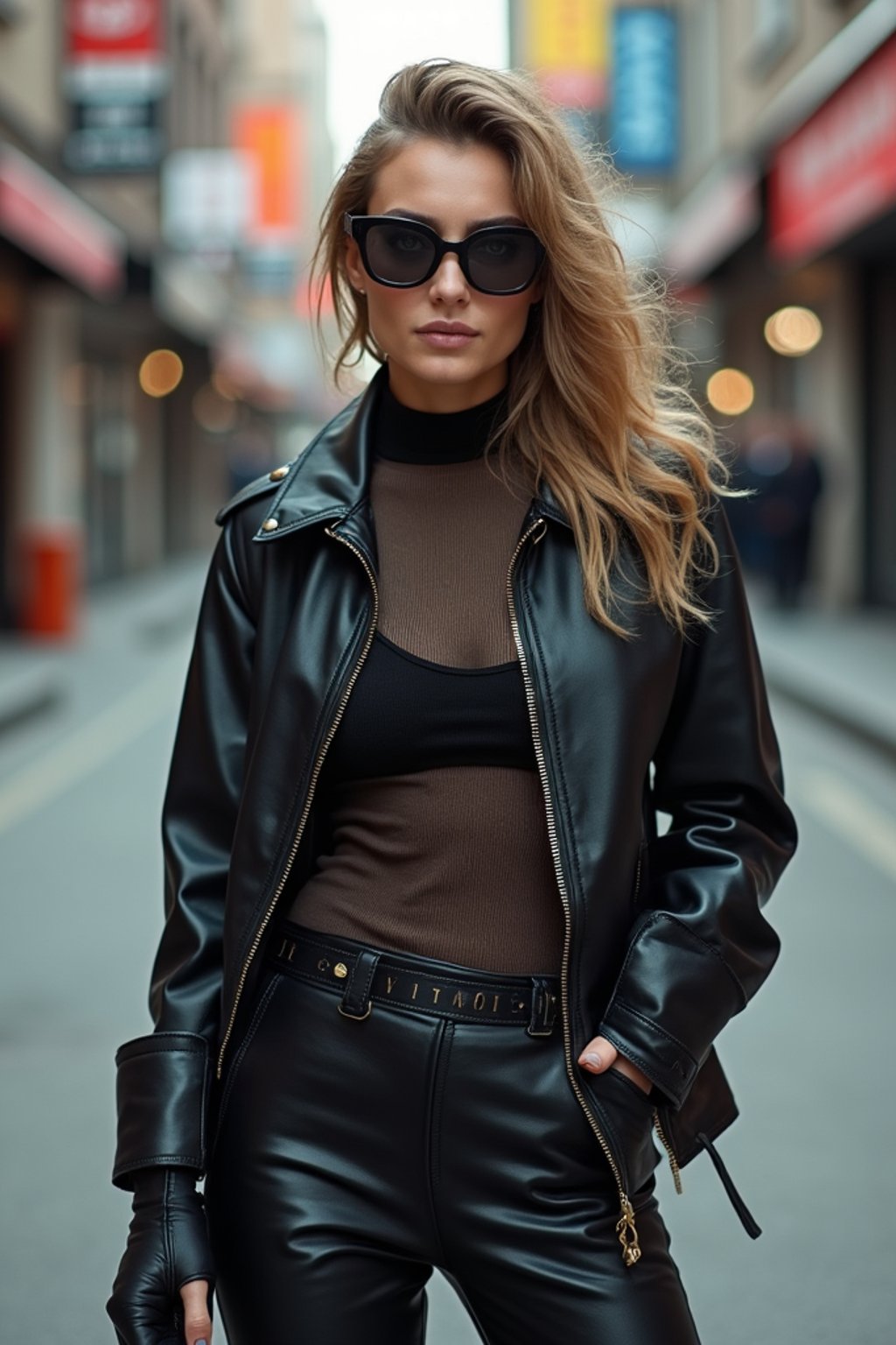 woman in daring, edgy ensemble  against an edgy urban backdrop