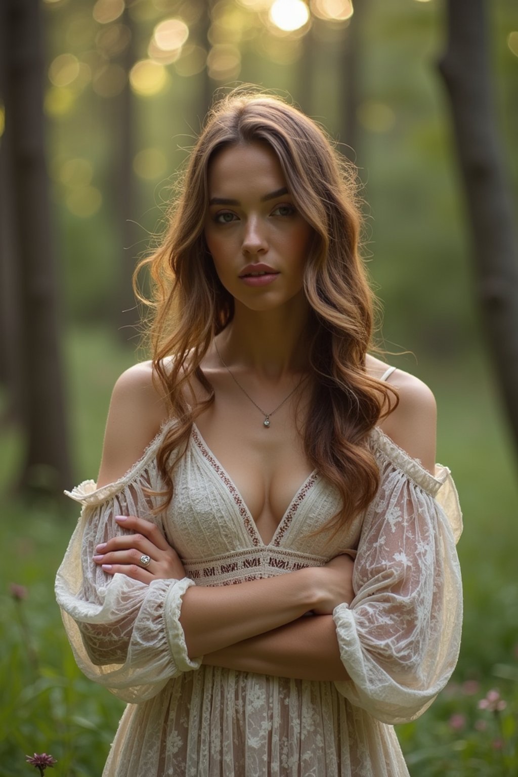 woman with enticing allure in flowy bohemian dress  in a serene forest setting