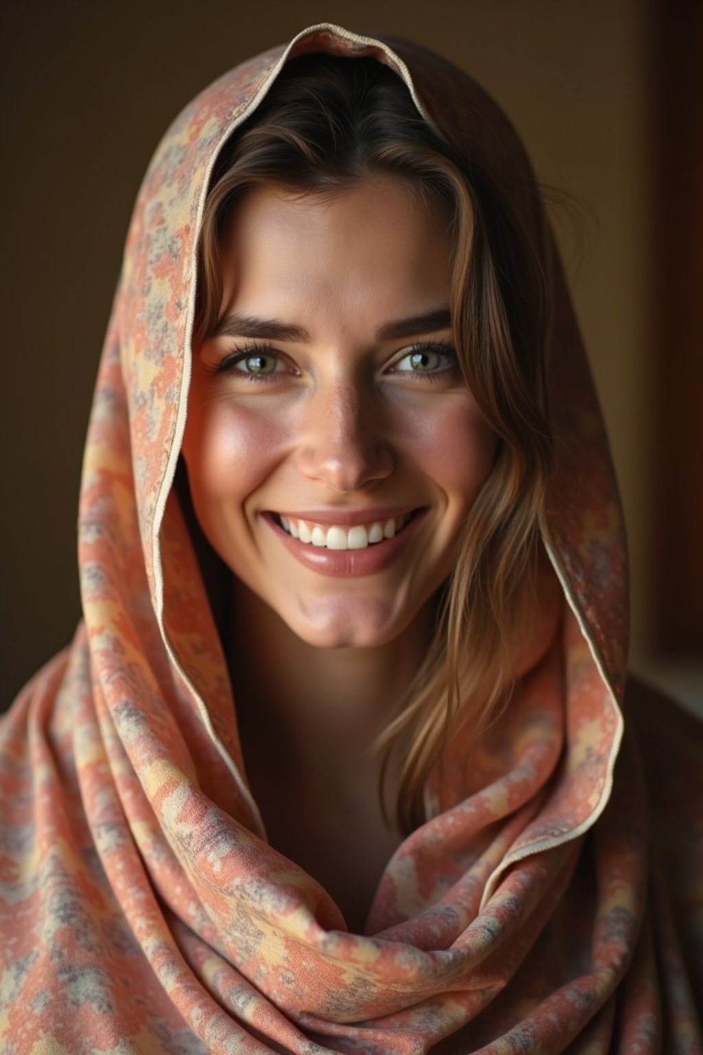 woman with a seductive smile, donned in a soft silk scarf , under warm indoor lighting