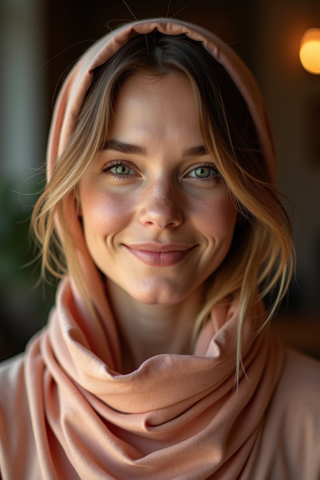 woman with a seductive smile, donned in a soft silk scarf , under warm indoor lighting