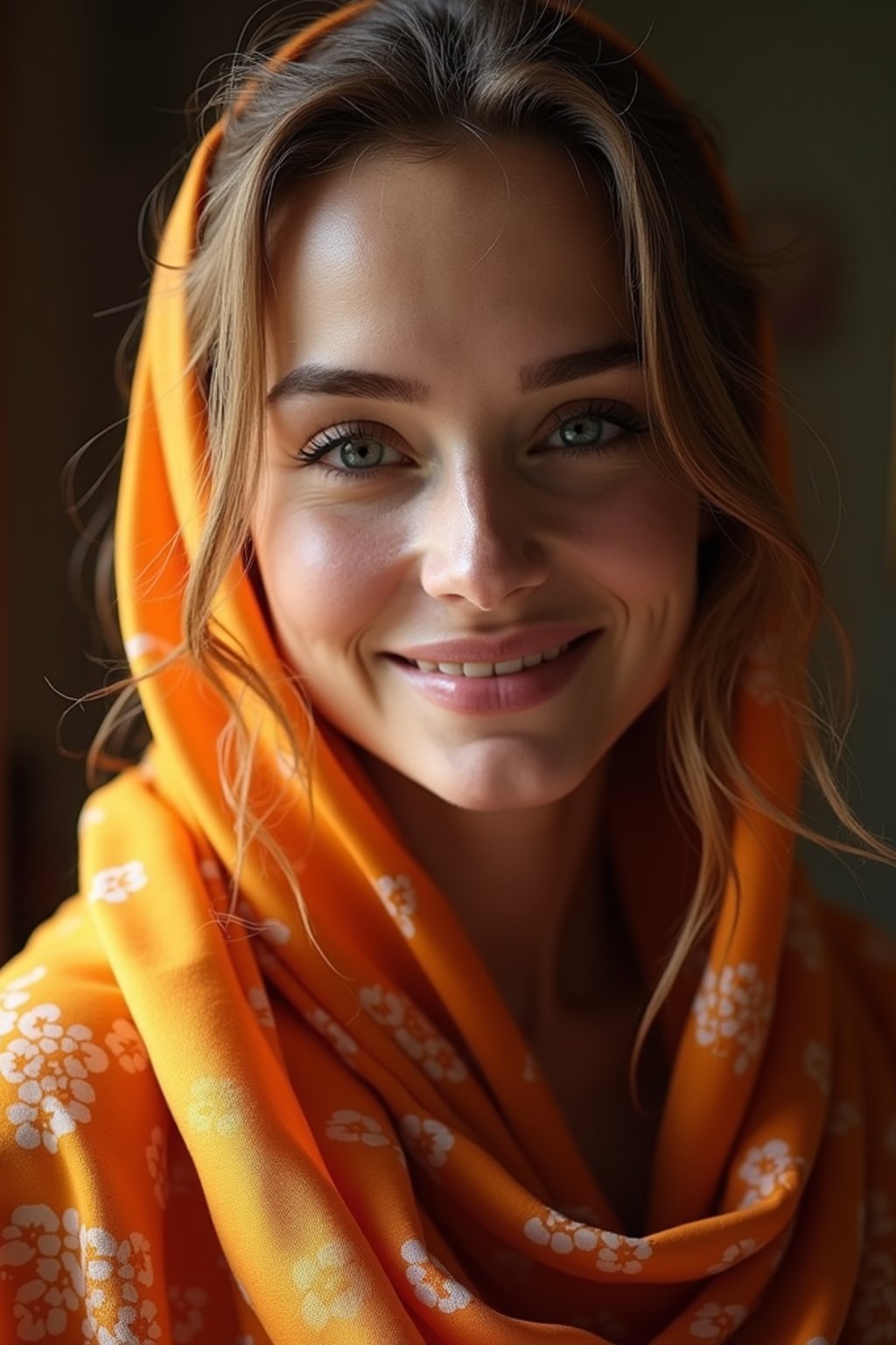 woman with a seductive smile, donned in a soft silk scarf , under warm indoor lighting