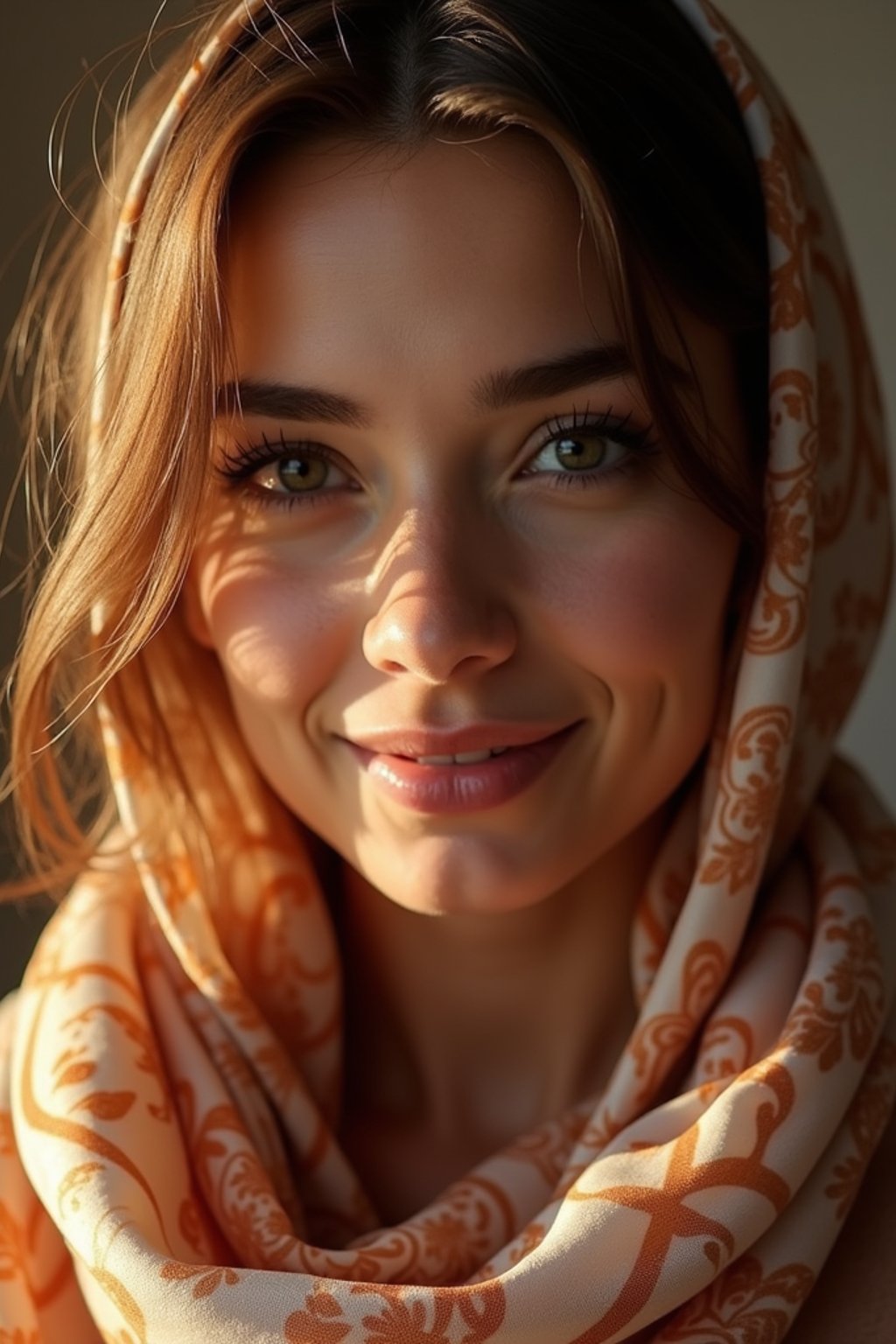 woman with a seductive smile, donned in a soft silk scarf , under warm indoor lighting