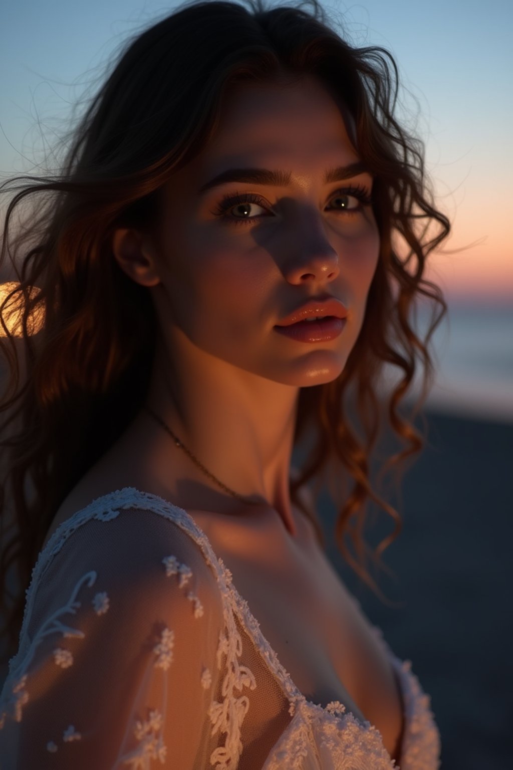 woman with enticing gaze, adorned with a delicate lace outfit  against a twilight backdrop