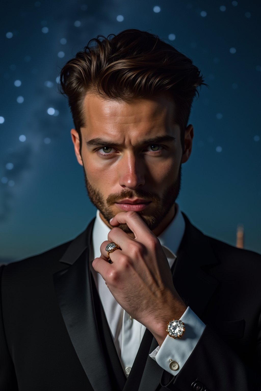 man with magnetic appeal, adorned in  luxurious cufflinks, against a starry night backdrop