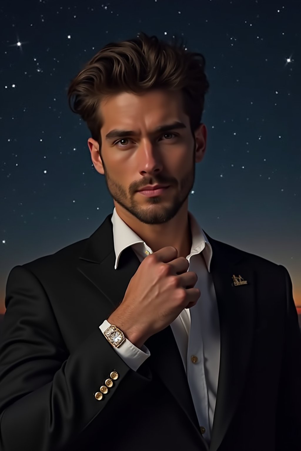 man with magnetic appeal, adorned in  luxurious cufflinks, against a starry night backdrop