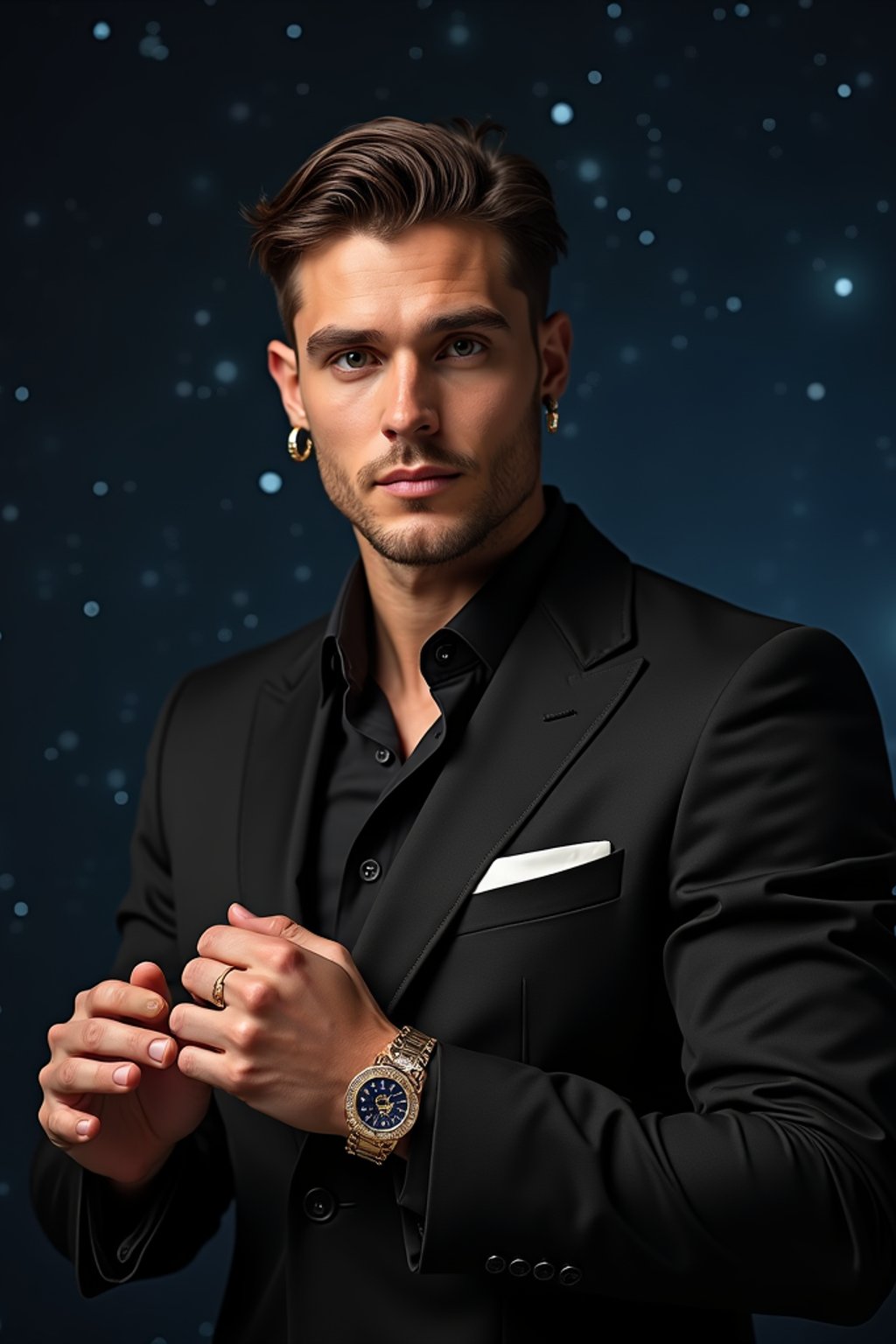 man with magnetic appeal, adorned in  luxurious cufflinks, against a starry night backdrop