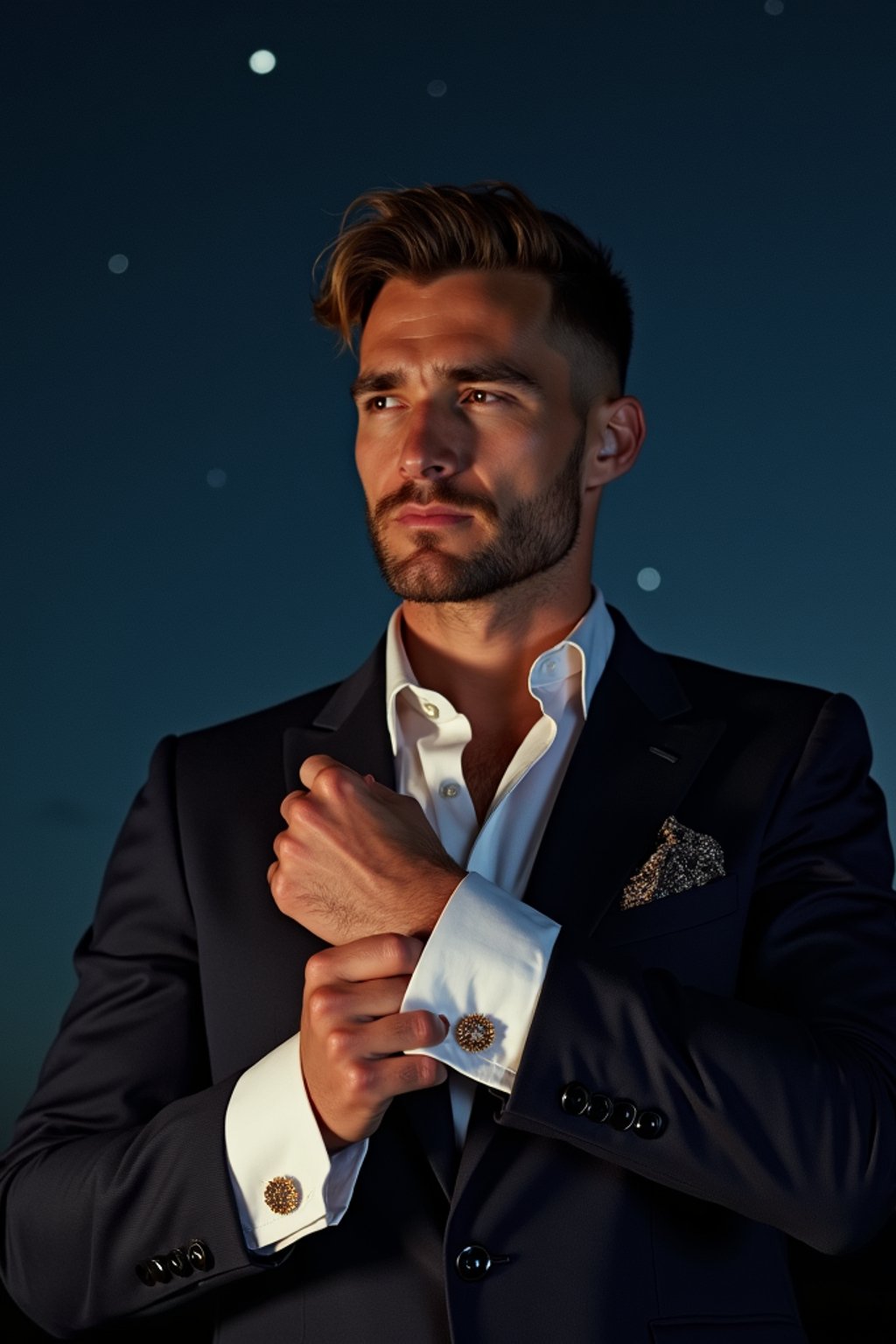 man with magnetic appeal, adorned in  luxurious cufflinks, against a starry night backdrop