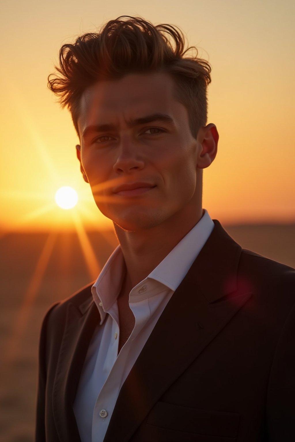 man in  dapper suit, radiating allure under the soft glow of a sunset