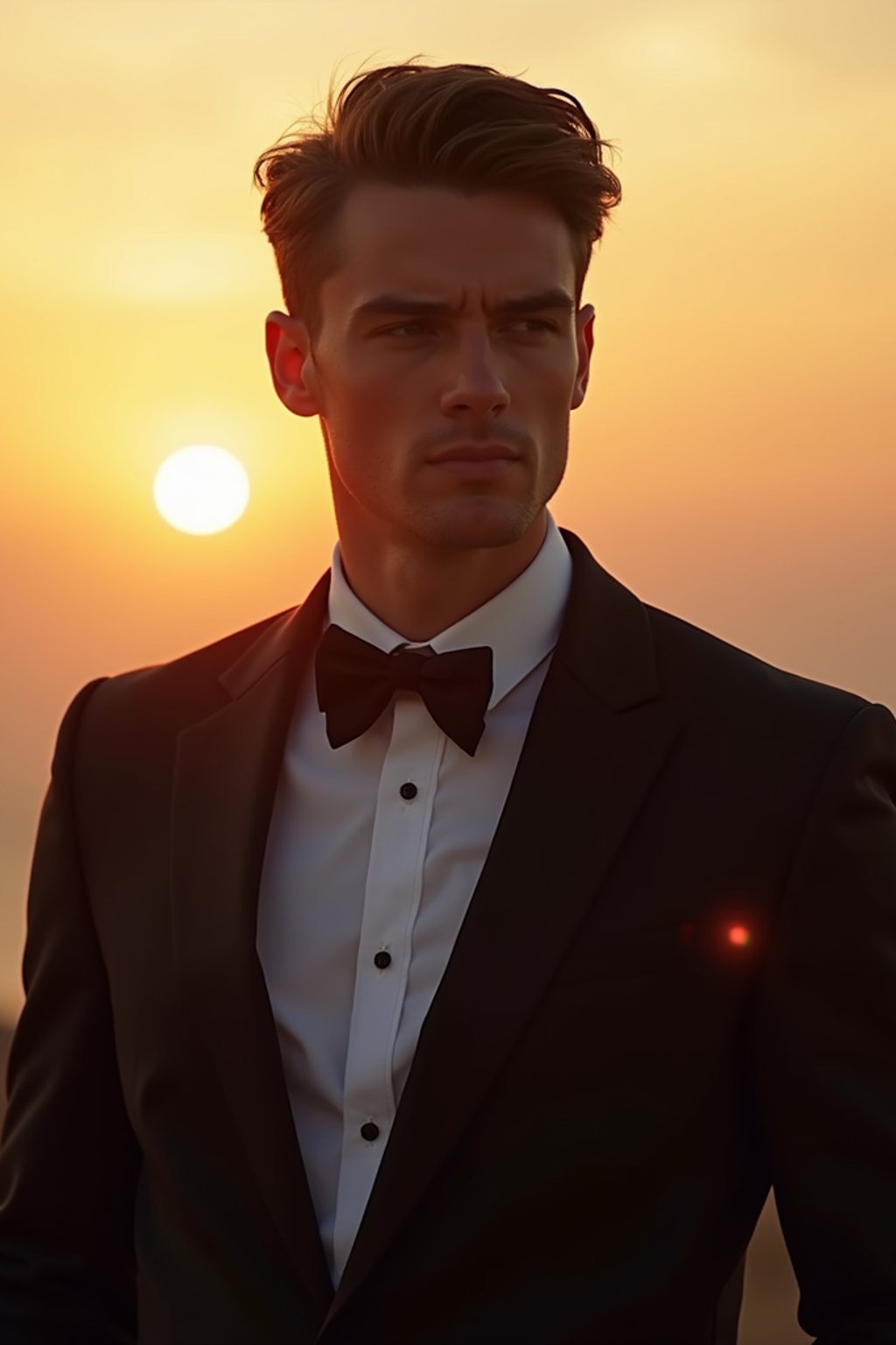 man in  dapper suit, radiating allure under the soft glow of a sunset