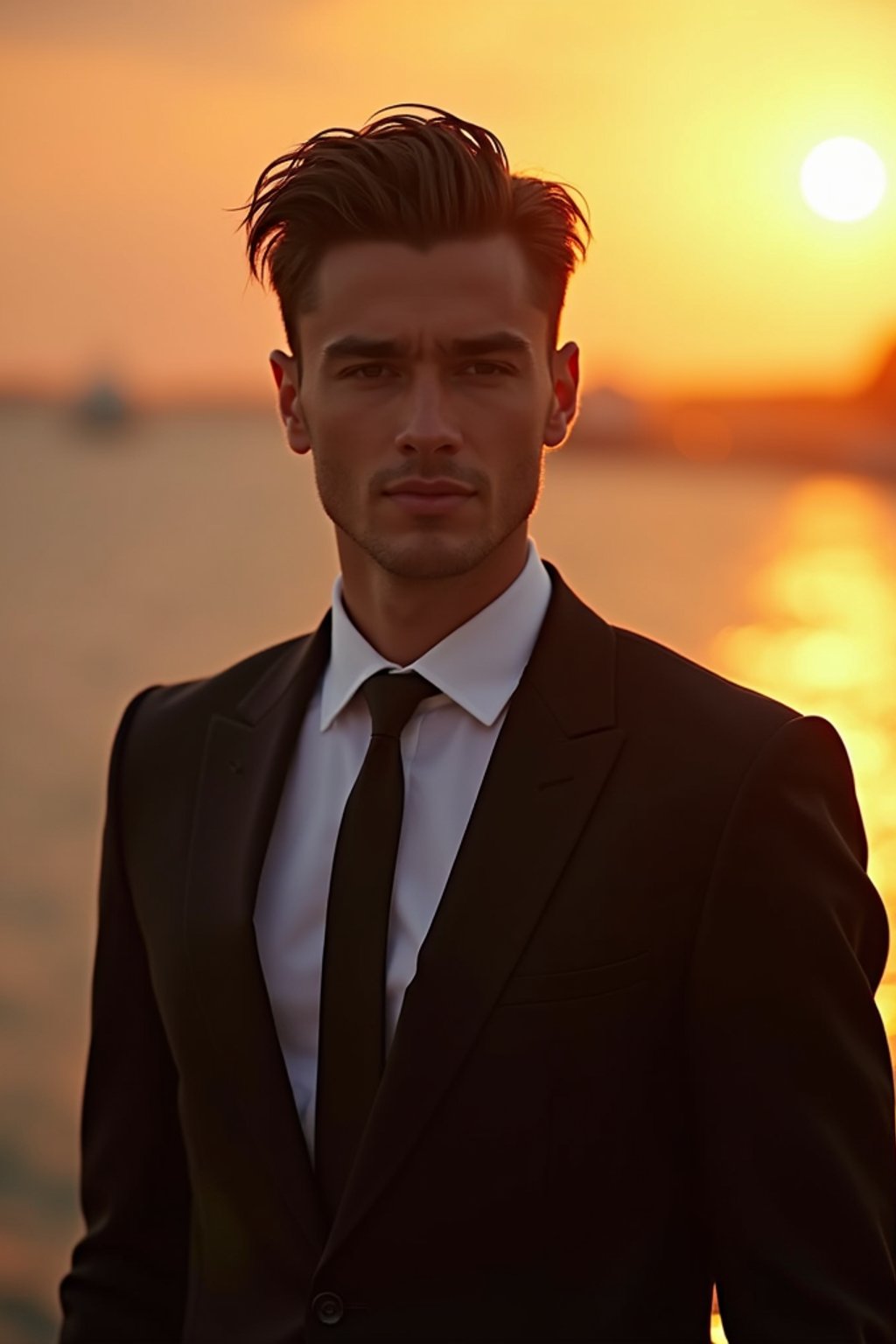 man in  dapper suit, radiating allure under the soft glow of a sunset