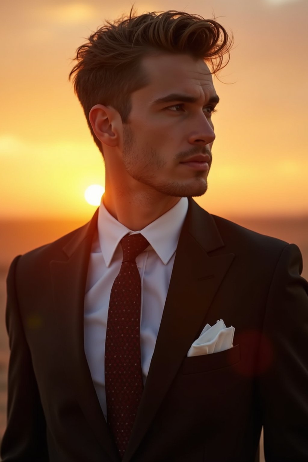 man in  dapper suit, radiating allure under the soft glow of a sunset