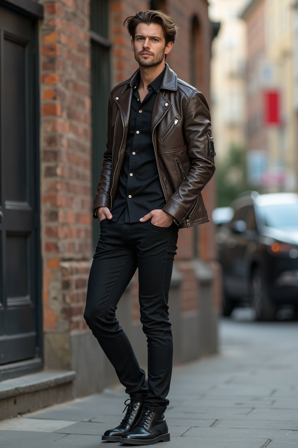 man in  modern, fashionable attire against an edgy urban backdrop